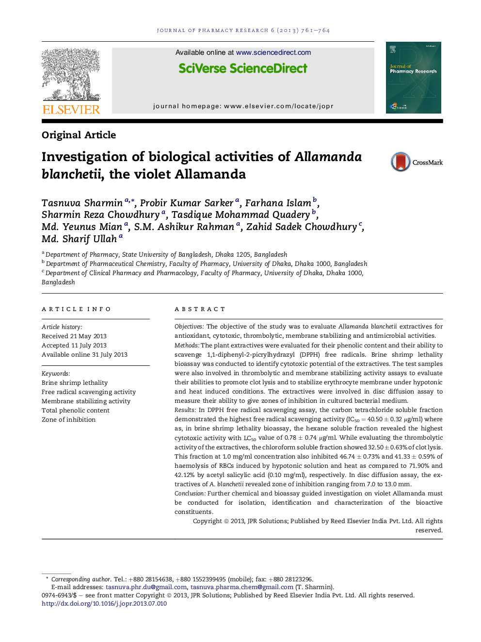 Investigation of biological activities of Allamanda blanchetii, the violet Allamanda