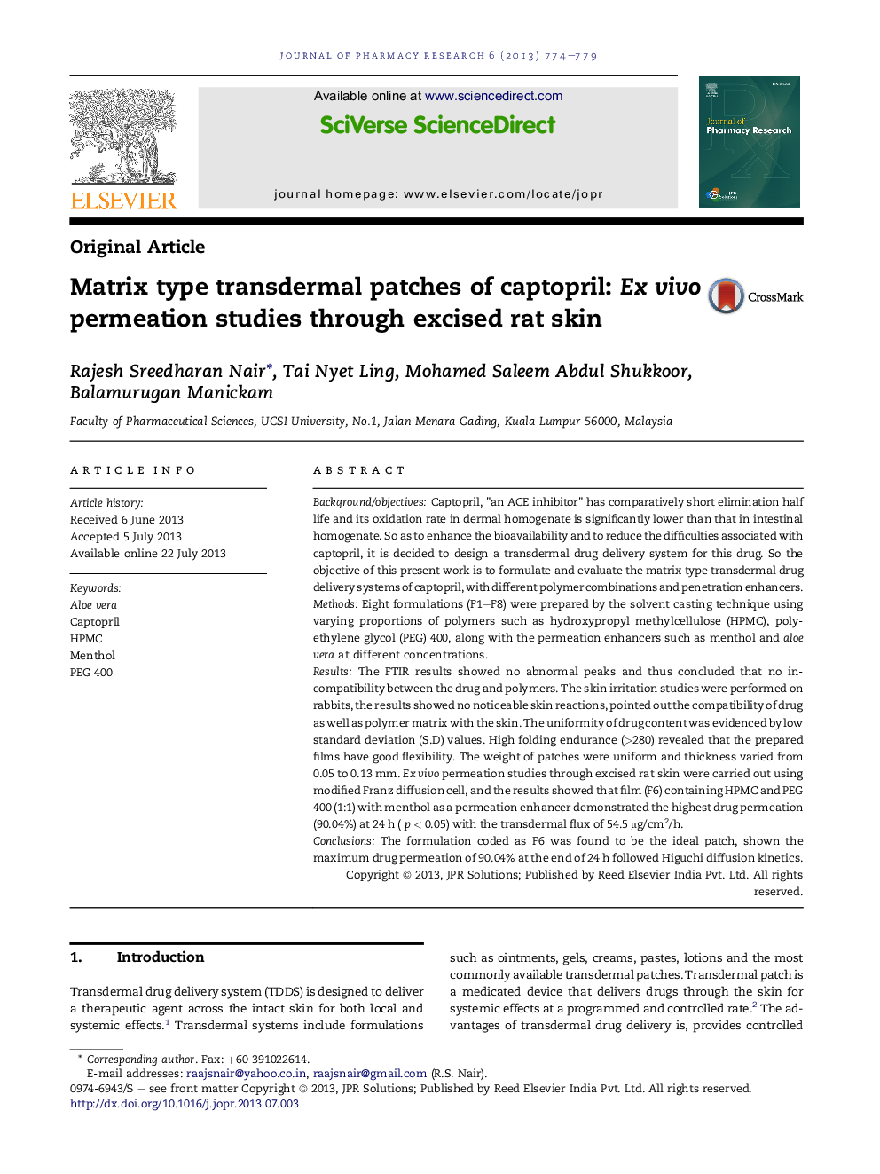 Matrix type transdermal patches of captopril: ExÂ vivo permeation studies through excised rat skin