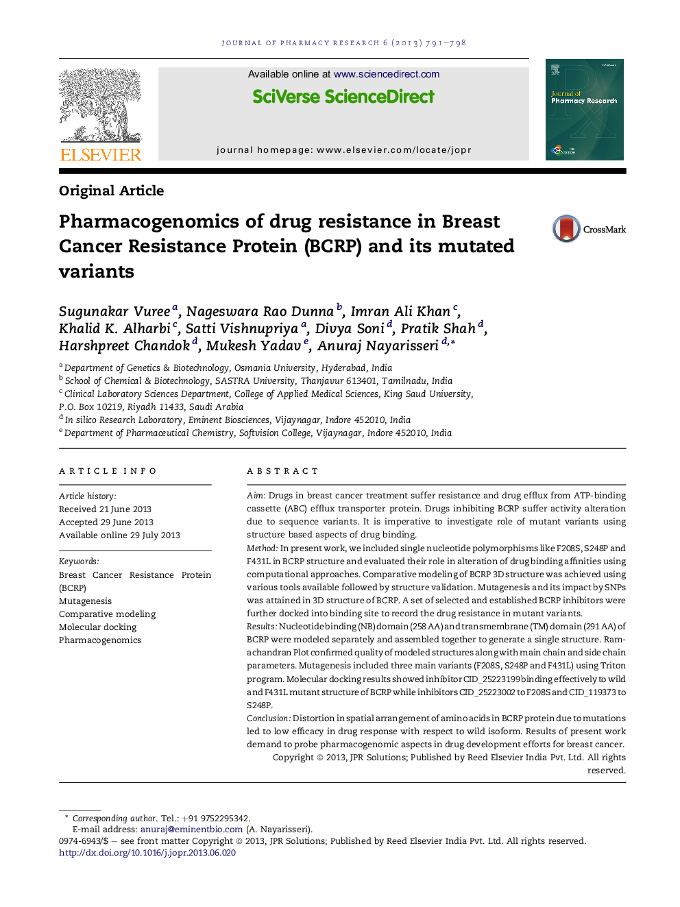 Pharmacogenomics of drug resistance in Breast Cancer Resistance Protein (BCRP) and its mutated variants