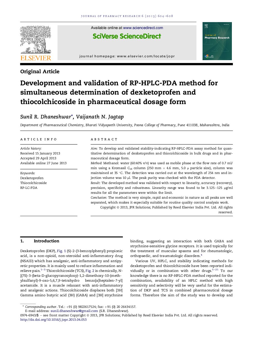 Development and validation of RP-HPLC-PDA method for simultaneous determination of dexketoprofen and thiocolchicoside in pharmaceutical dosage form