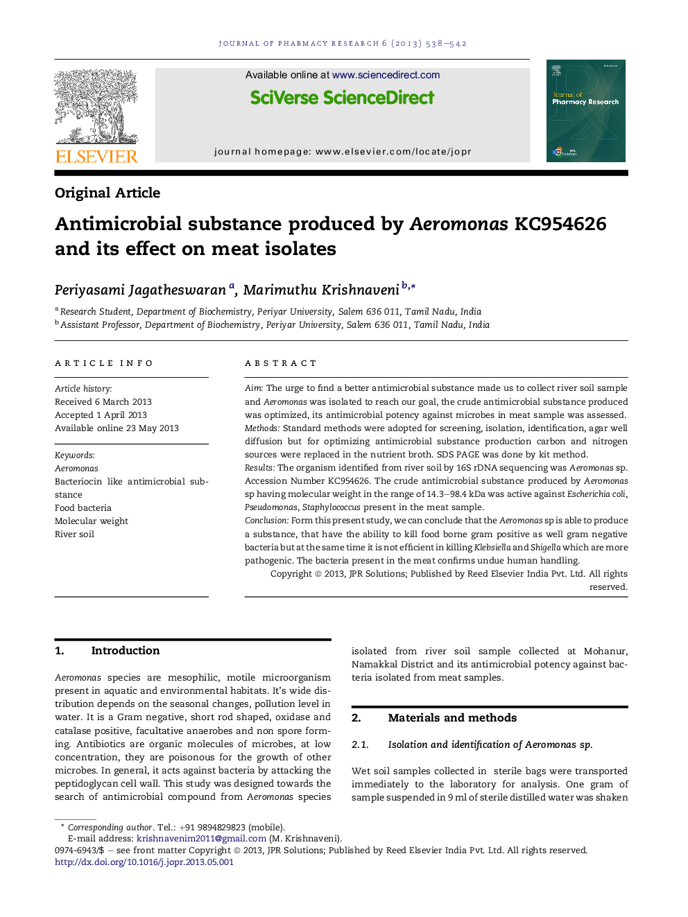 Antimicrobial substance produced by Aeromonas KC954626 and its effect on meat isolates