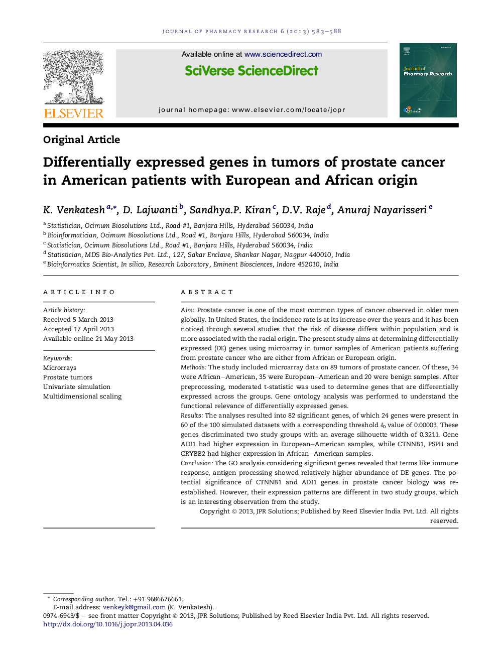 Differentially expressed genes in tumors of prostate cancer in American patients with European and African origin