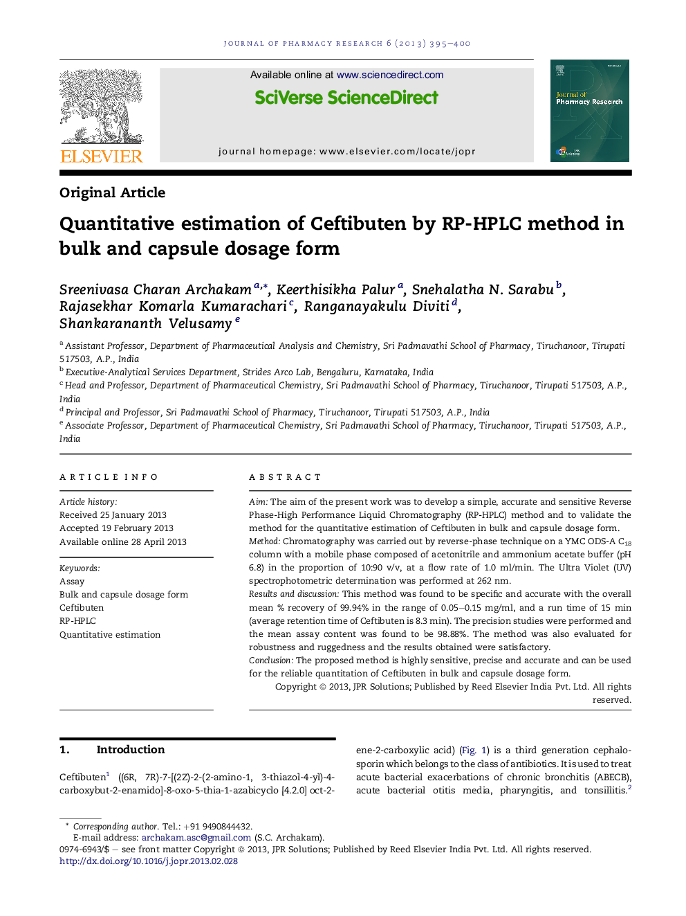 Quantitative estimation of Ceftibuten by RP-HPLC method in bulk and capsule dosage form