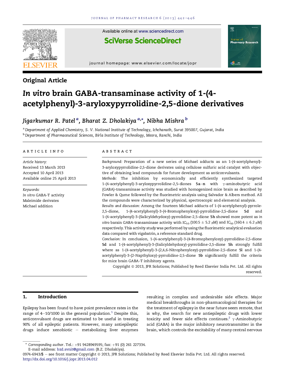 عکس صفحه اول مقاله: In vitro brain GABA-transaminase activity of 1-(4-acetylphenyl)-3-aryloxypyrrolidine-2,5-dione derivatives In vitro brain GABA-transaminase activity of 1-(4-acetylphenyl)-3-aryloxypyrrolidine-2,5-dione derivatives