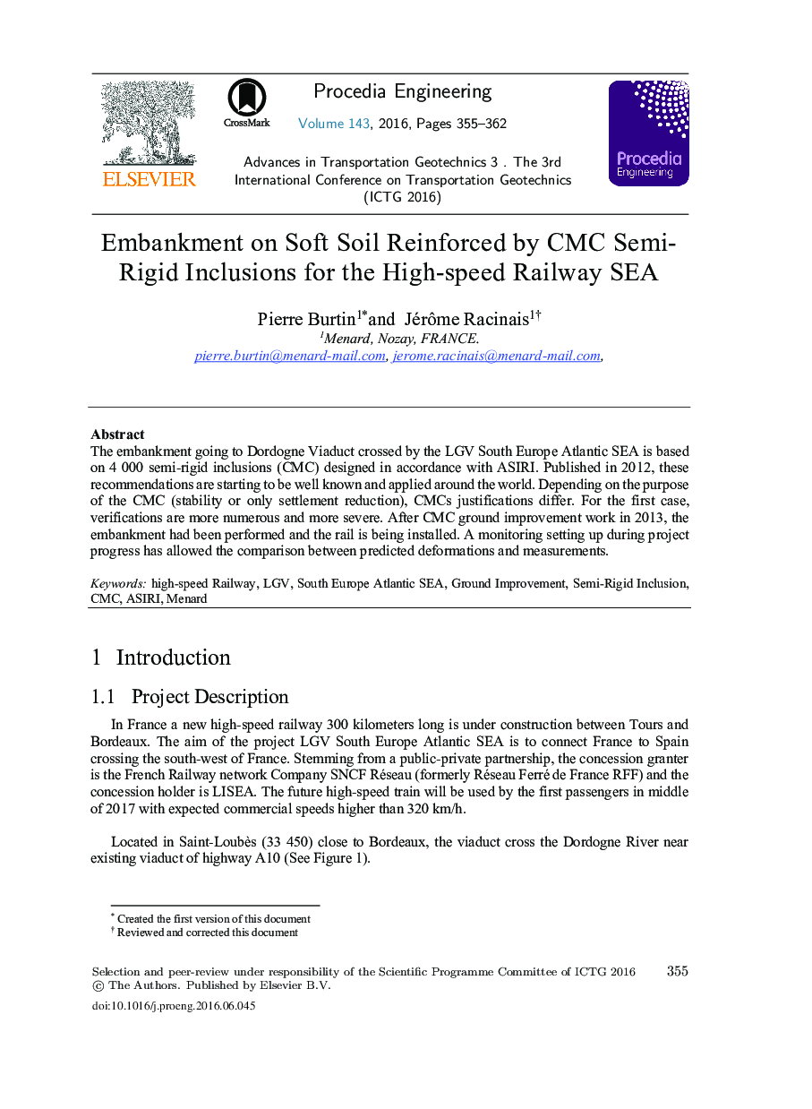 Embankment on Soft Soil Reinforced by CMC Semi-Rigid Inclusions for the High-speed Railway SEA 