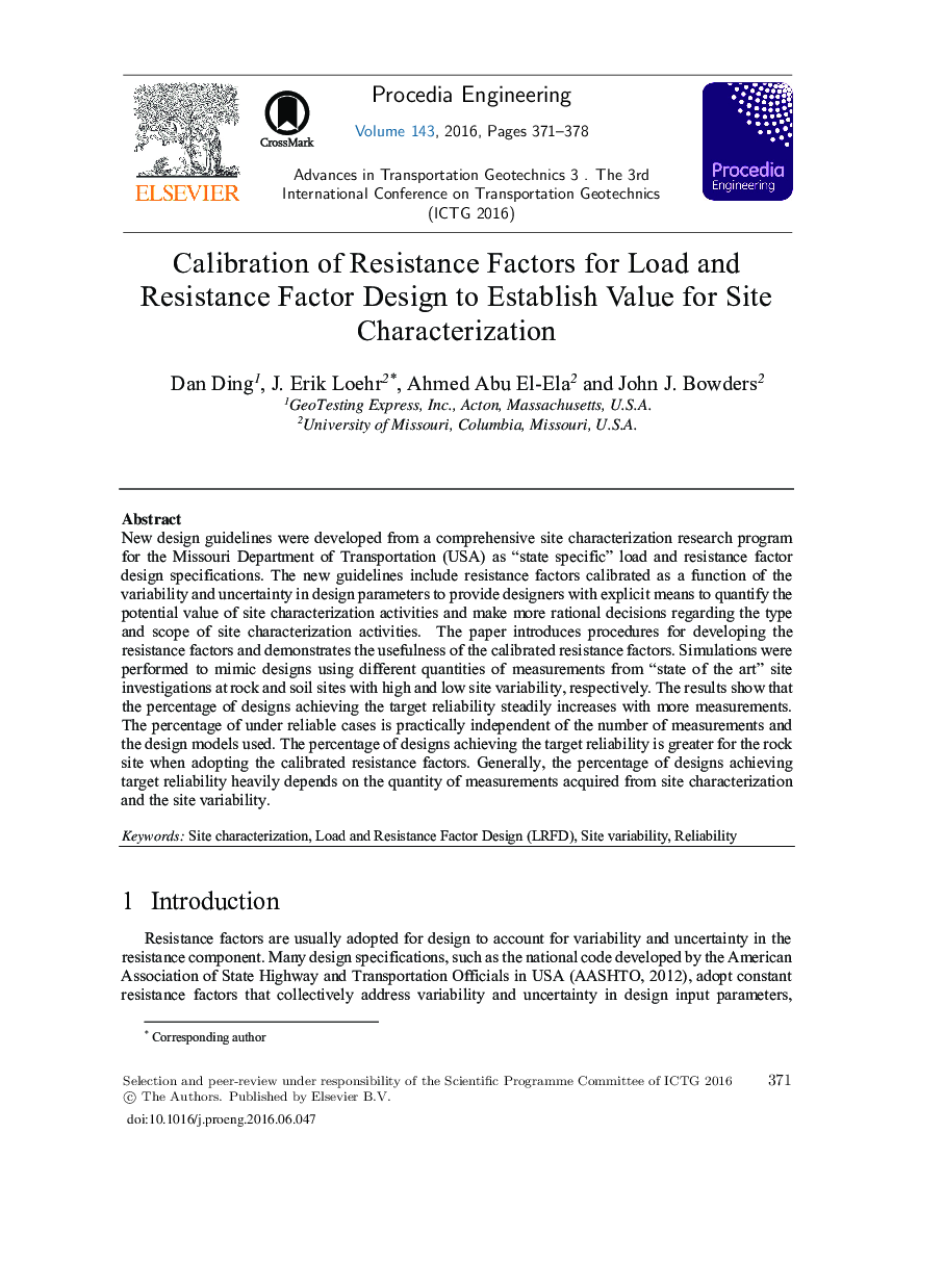 Calibration of Resistance Factors for Load and Resistance Factor Design to Establish Value for Site Characterization 