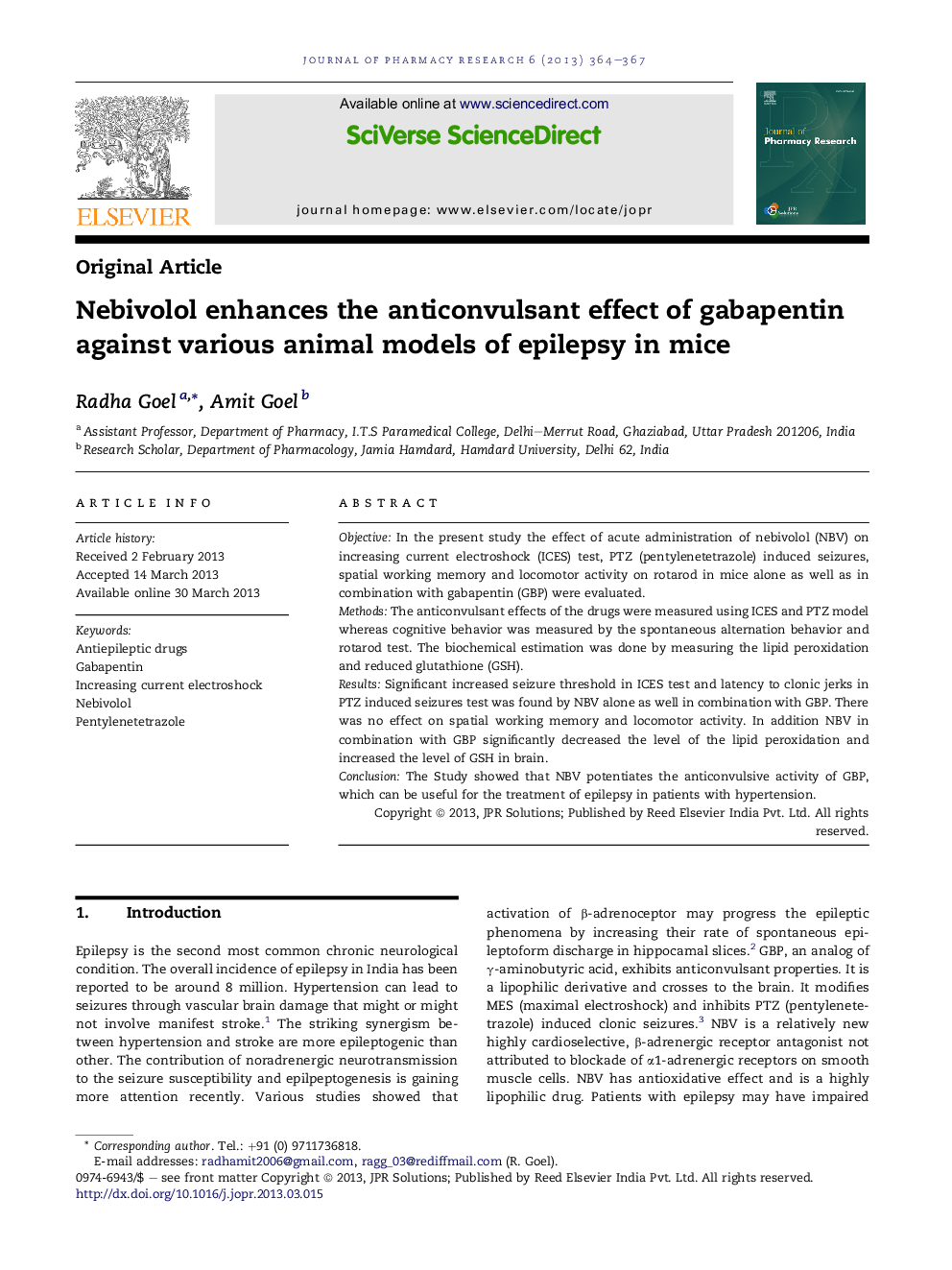 Nebivolol enhances the anticonvulsant effect of gabapentin against various animal models of epilepsy in mice