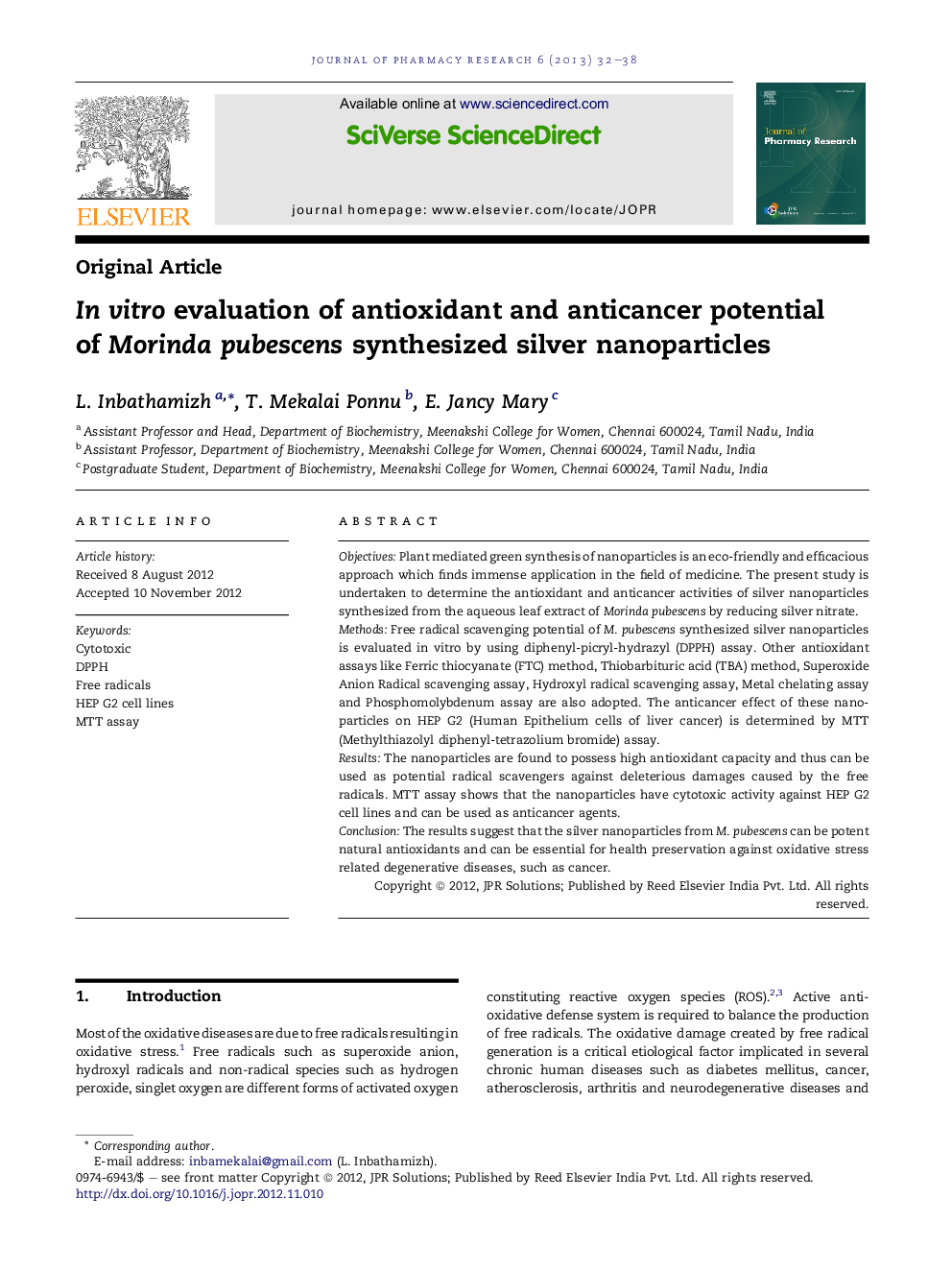 InÂ vitro evaluation of antioxidant and anticancer potential of Morinda pubescens synthesized silver nanoparticles