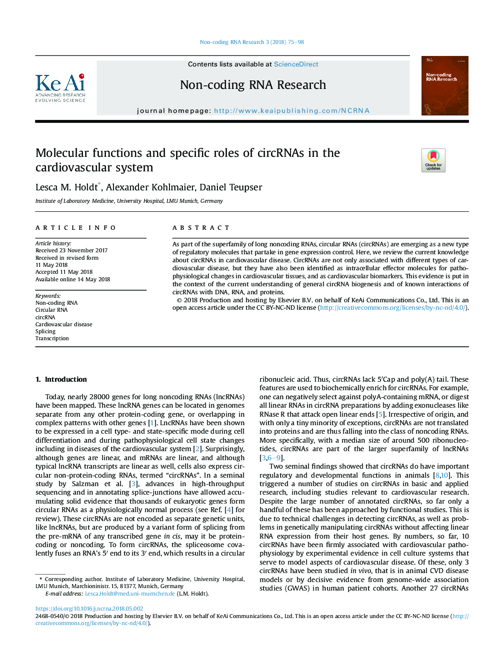 Molecular functions and specific roles of circRNAs in the cardiovascular system