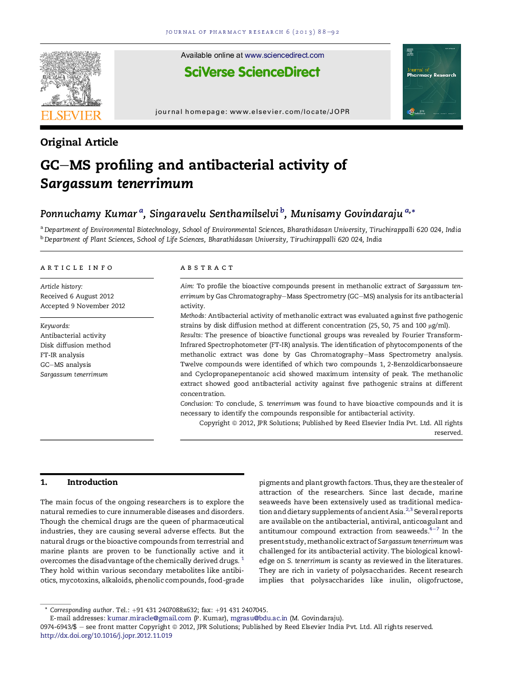 GC-MS profiling and antibacterial activity of Sargassum tenerrimum