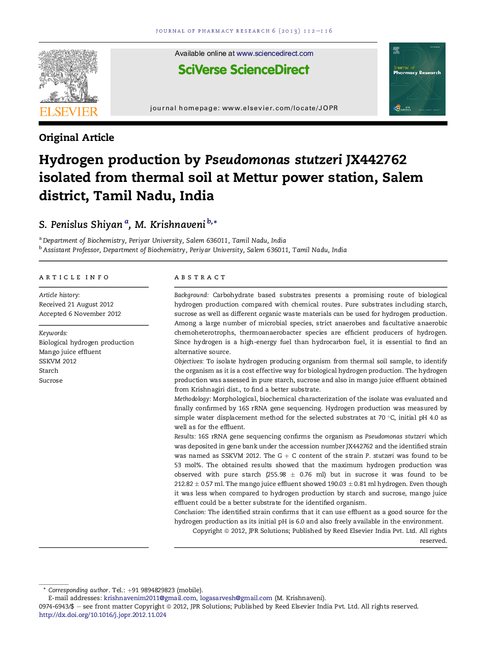 Hydrogen production by Pseudomonas stutzeri JX442762 isolated from thermal soil at Mettur power station, Salem district, Tamil Nadu, India