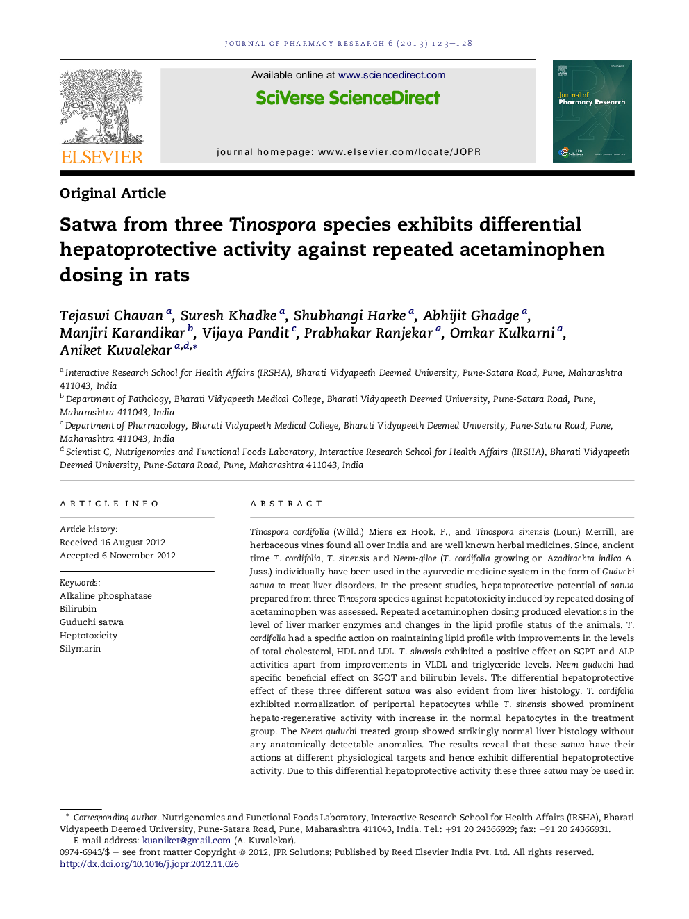 Satwa from three Tinospora species exhibits differential hepatoprotective activity against repeated acetaminophen dosing in rats