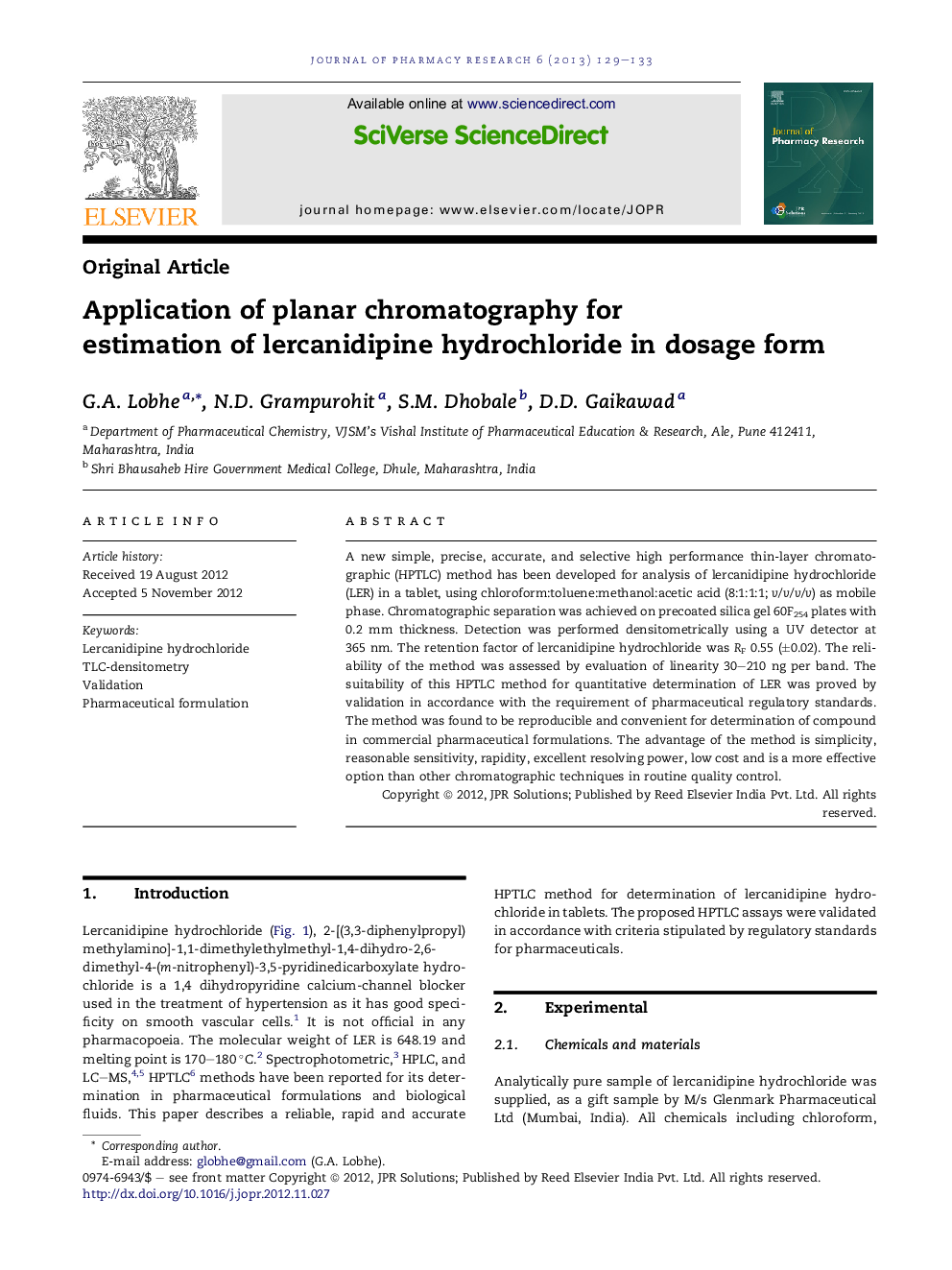 استفاده از کروماتوگرافی مسطح برای تخمین هورمون کلرید لرکانیدیپین در فرم دوز 