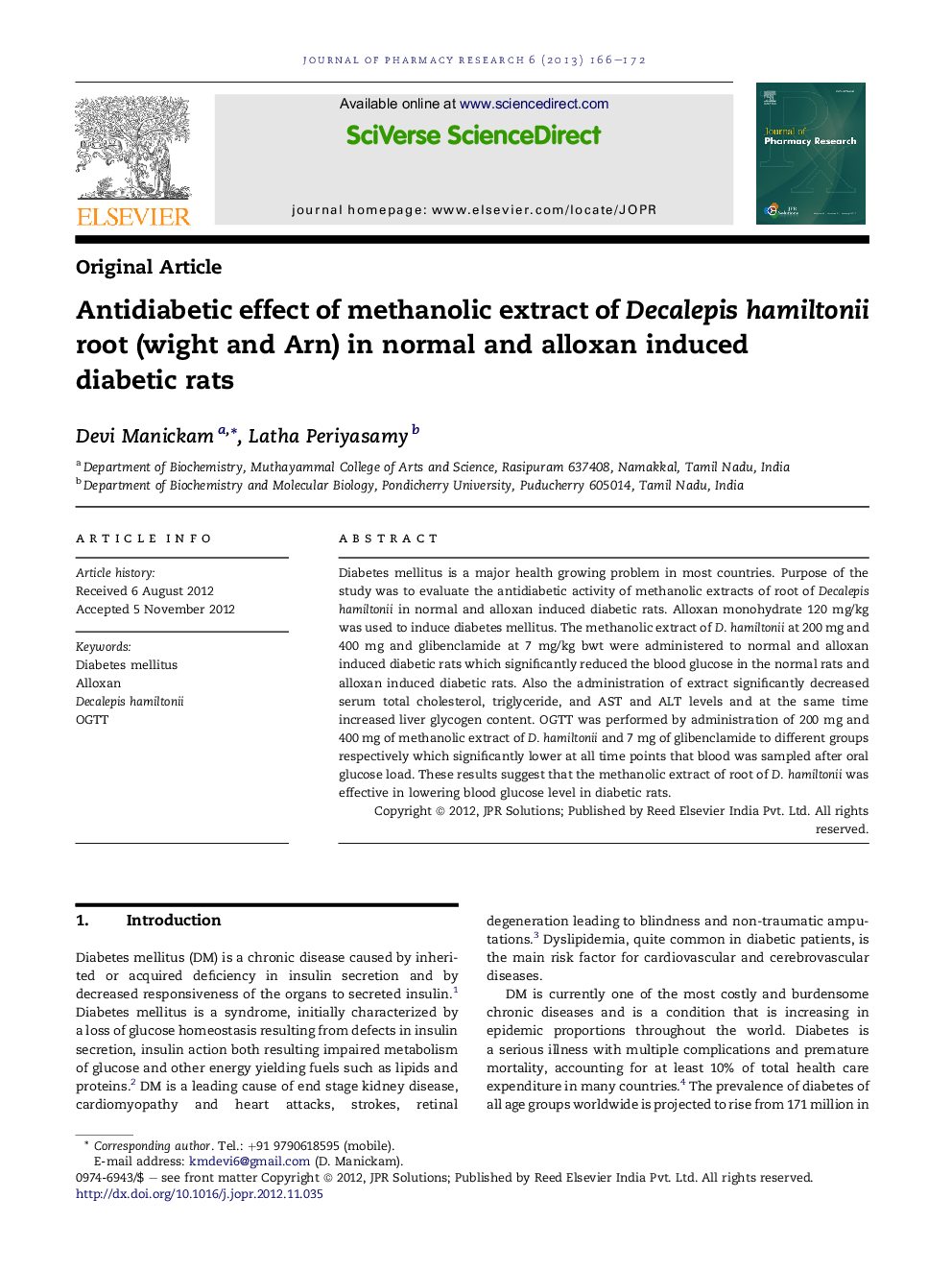 Antidiabetic effect of methanolic extract of Decalepis hamiltonii root (wight and Arn) in normal and alloxan induced diabetic rats