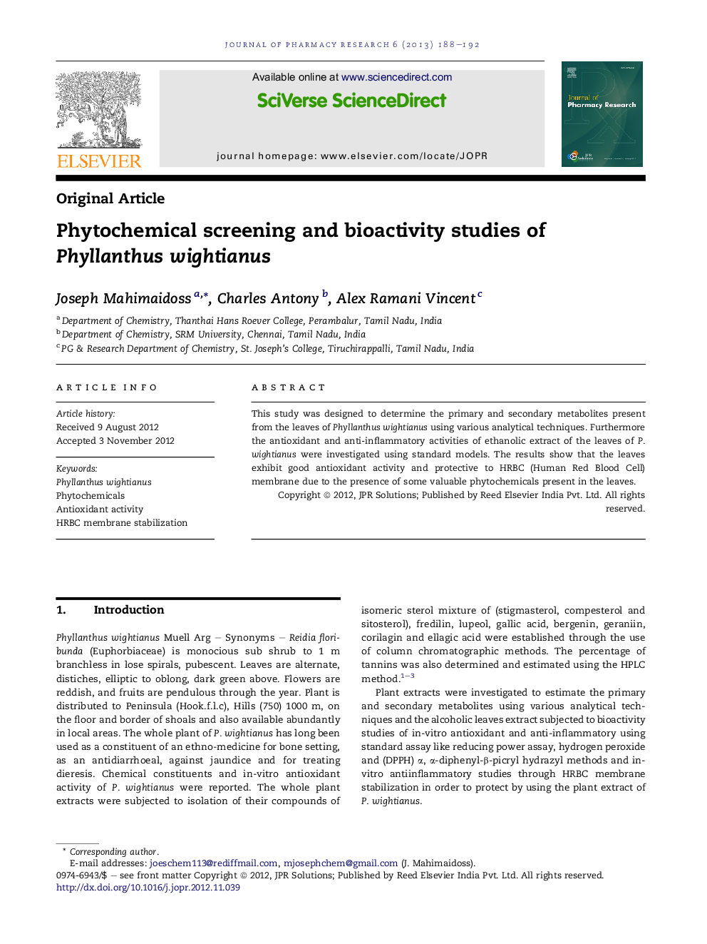 Phytochemical screening and bioactivity studies of Phyllanthus wightianus