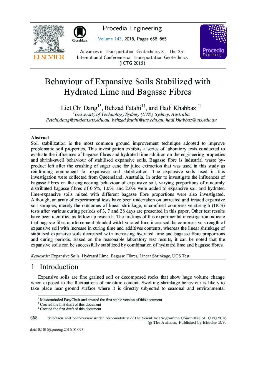 Behaviour of Expansive Soils Stabilized with Hydrated Lime and Bagasse Fibres 
