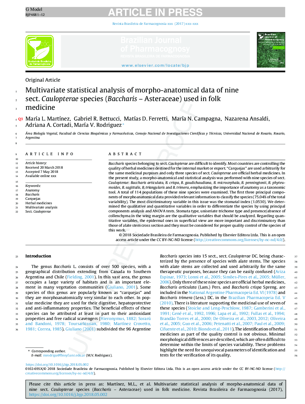 Multivariate statistical analysis of morpho-anatomical data of nine sect. Caulopterae species (Baccharis - Asteraceae) used in folk medicine