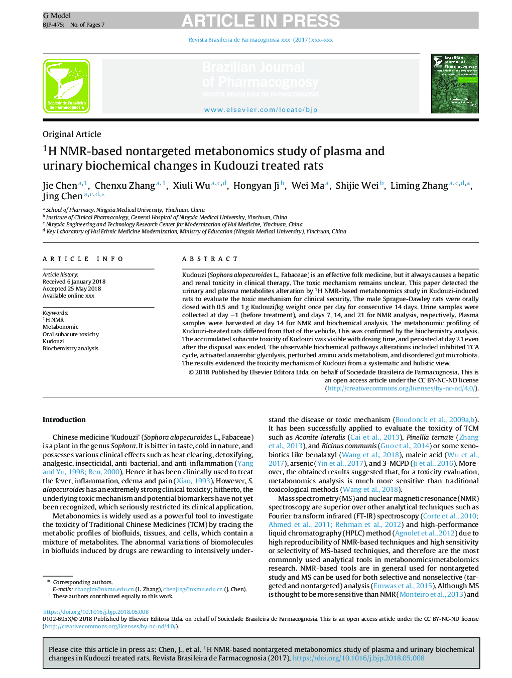 1H NMR-based nontargeted metabonomics study of plasma and urinary biochemical changes in Kudouzi treated rats