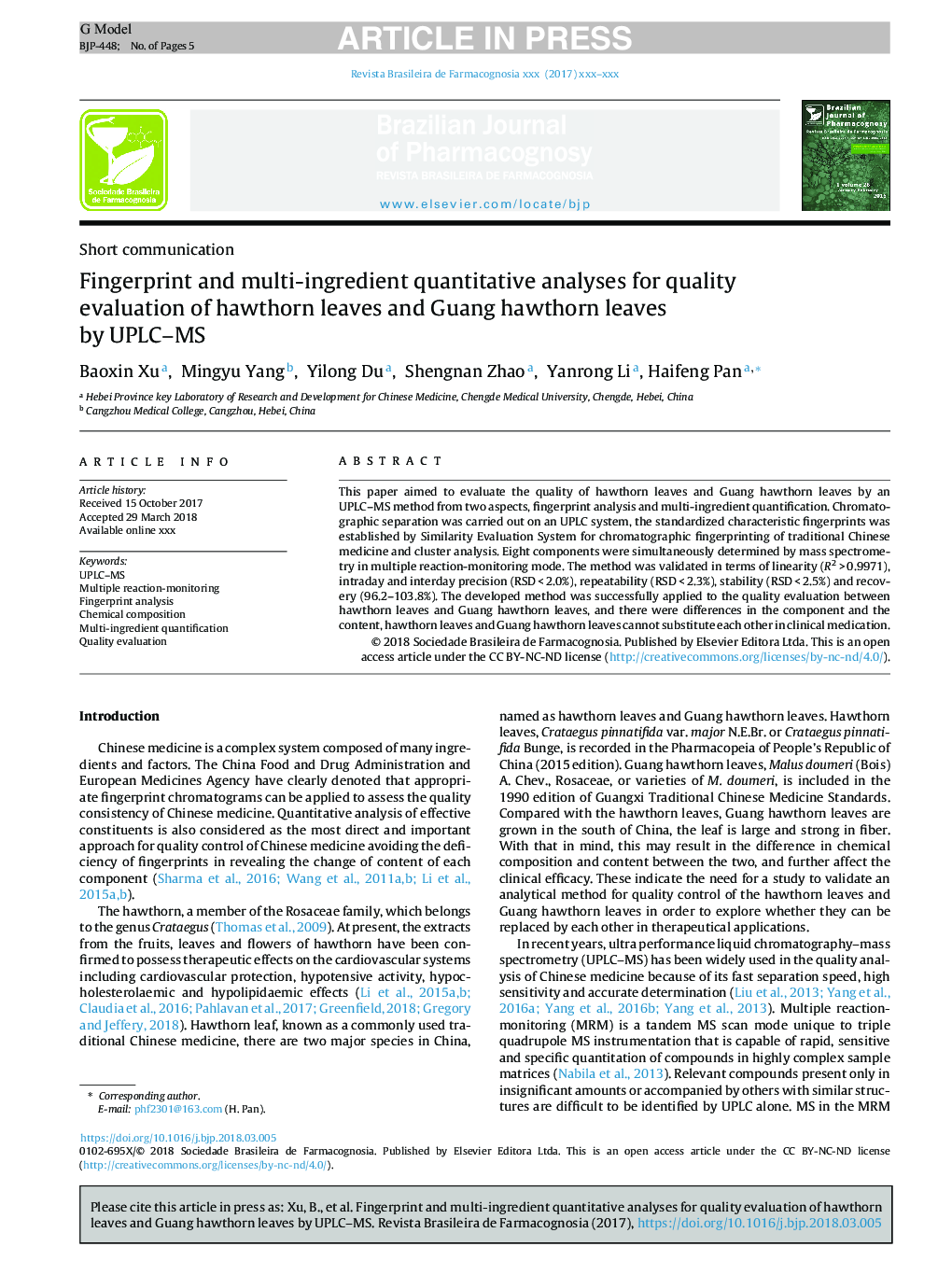 Fingerprint and multi-ingredient quantitative analyses for quality evaluation of hawthorn leaves and Guang hawthorn leaves by UPLC-MS