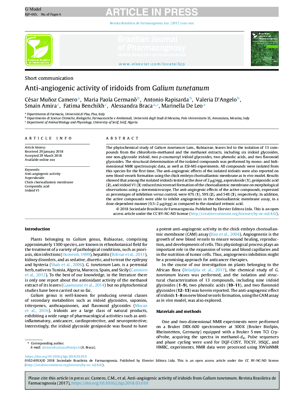 Anti-angiogenic activity of iridoids from Galium tunetanum