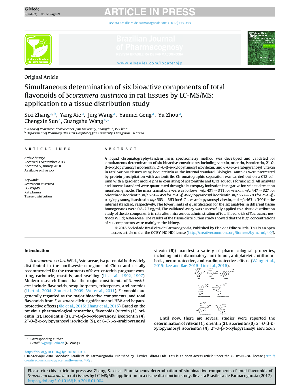 Simultaneous determination of six bioactive components of total flavonoids of Scorzonera austriaca in rat tissues by LC-MS/MS: application to a tissue distribution study