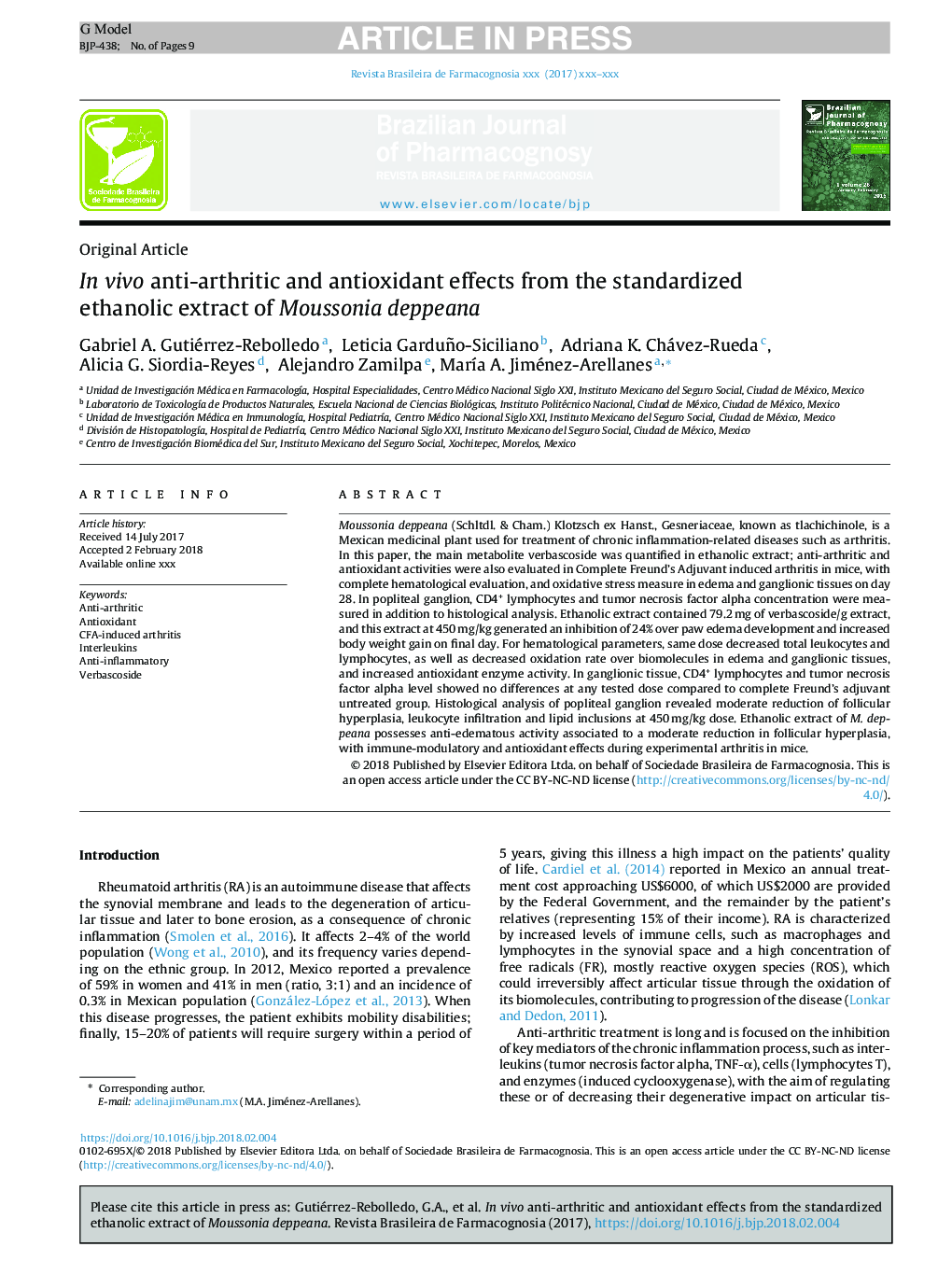 In vivo anti-arthritic and antioxidant effects from the standardized ethanolic extract of Moussonia deppeana