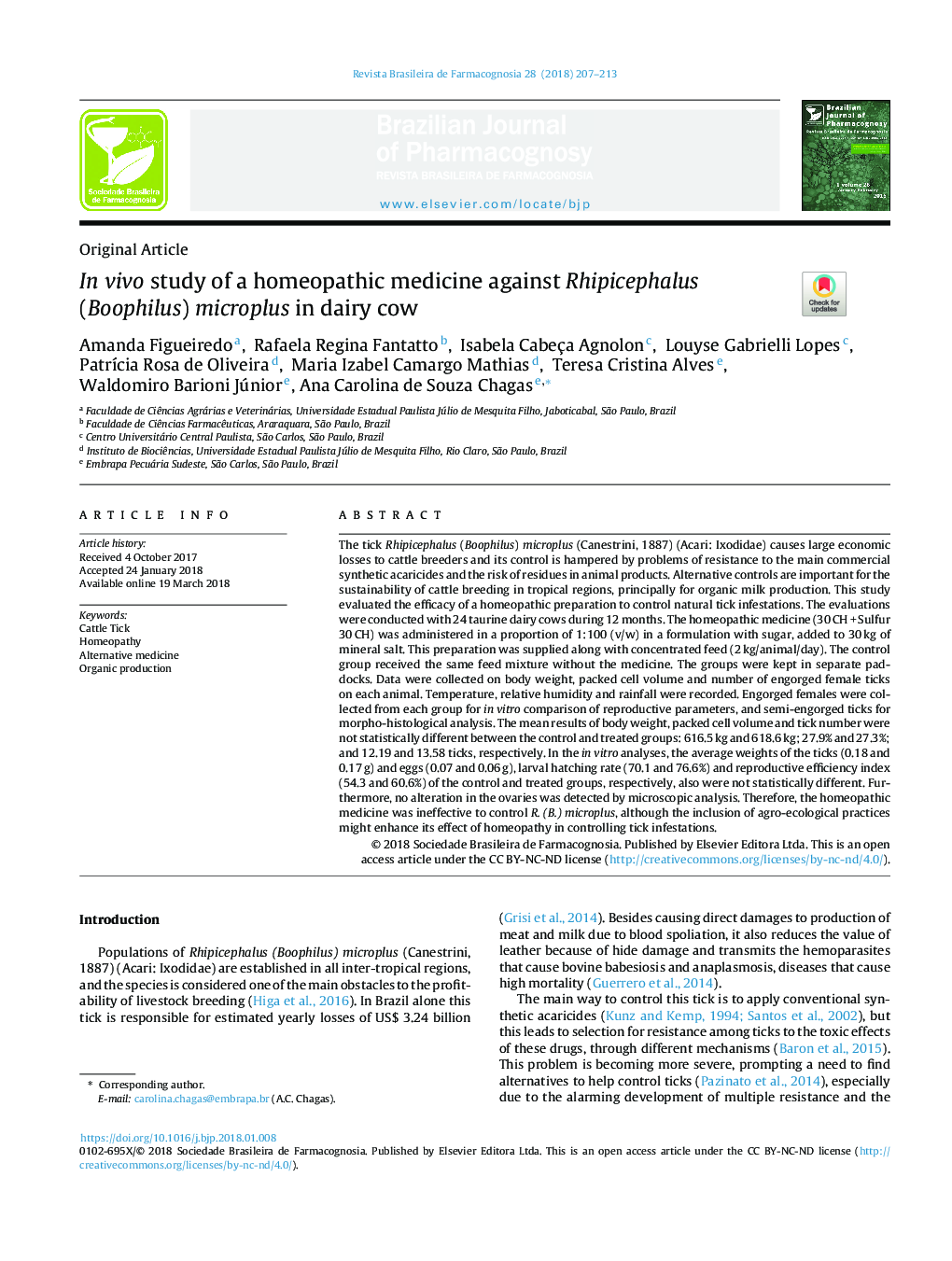 In vivo study of a homeopathic medicine against Rhipicephalus (Boophilus) microplus in dairy cow