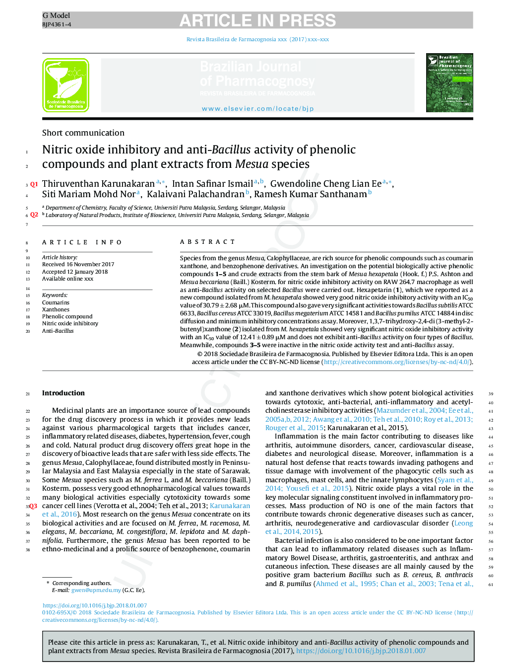 Nitric oxide inhibitory and anti-Bacillus activity of phenolic compounds and plant extracts from Mesua species