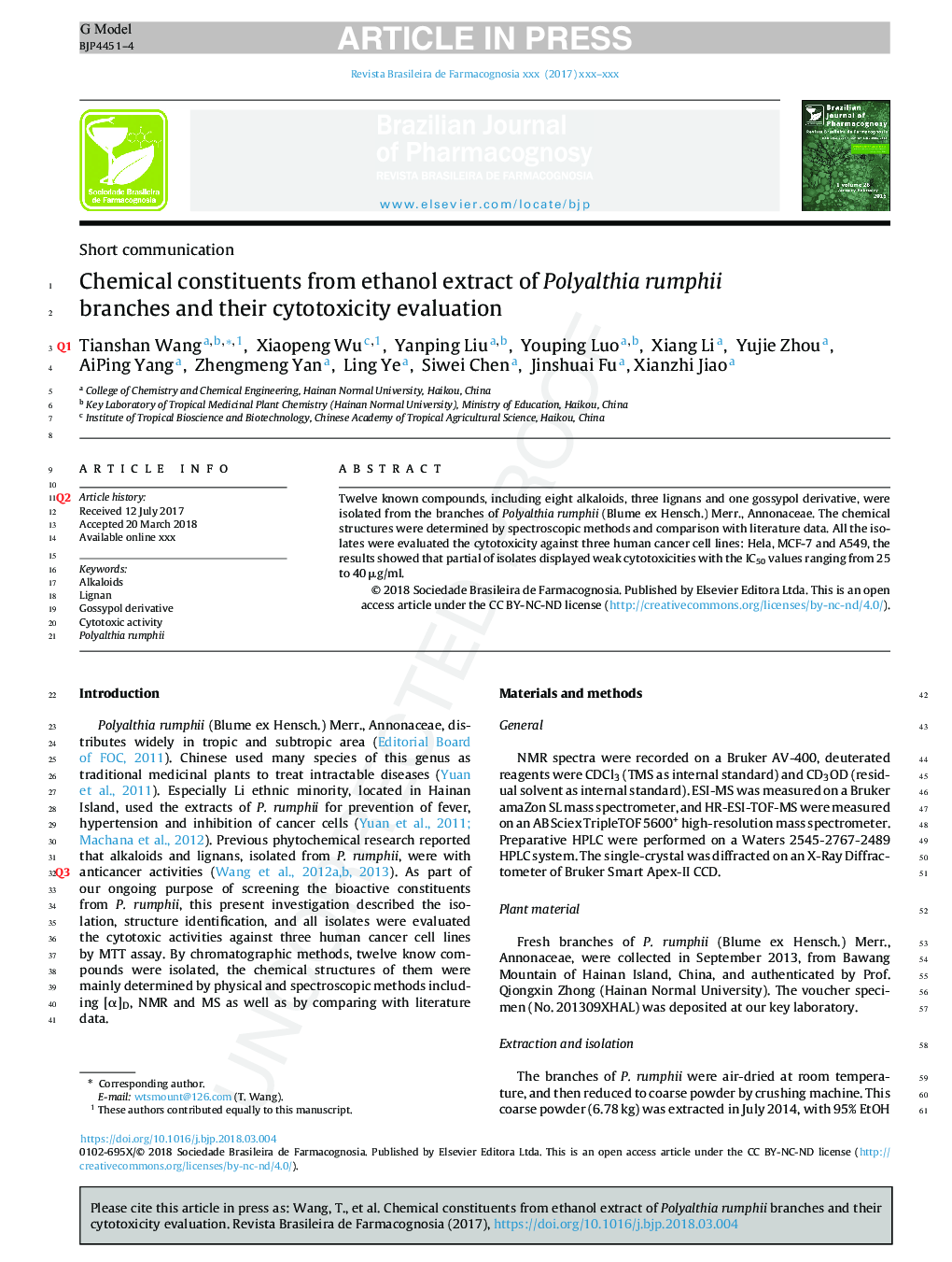 Chemical constituents from ethanol extract of Polyalthia rumphii branches and their cytotoxicity evaluation