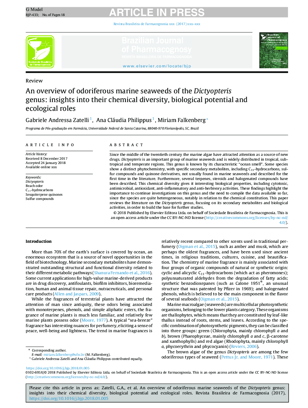 An overview of odoriferous marine seaweeds of the Dictyopteris genus: insights into their chemical diversity, biological potential and ecological roles