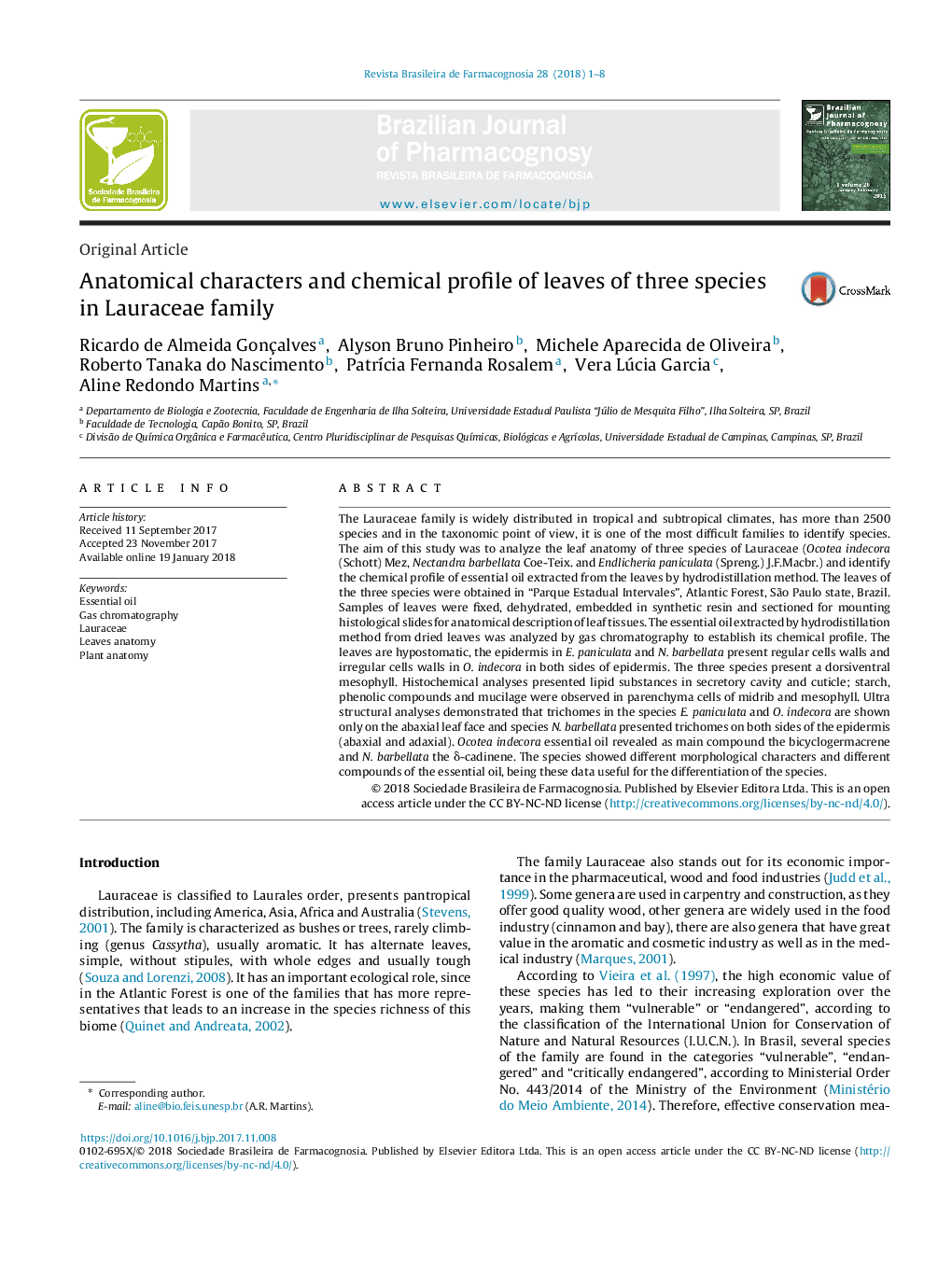 Anatomical characters and chemical profile of leaves of three species in Lauraceae family