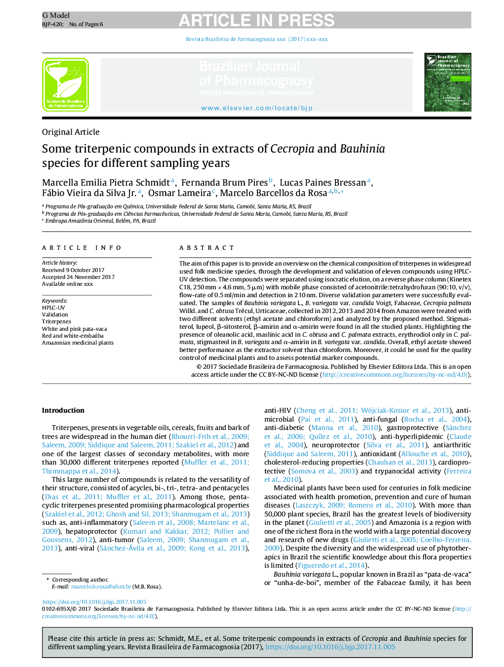 Some triterpenic compounds in extracts of Cecropia and Bauhinia species for different sampling years