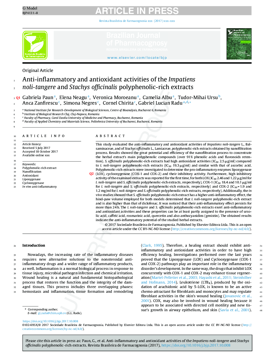 Anti-inflammatory and antioxidant activities of the Impatiens noli-tangere and Stachys officinalis polyphenolic-rich extracts