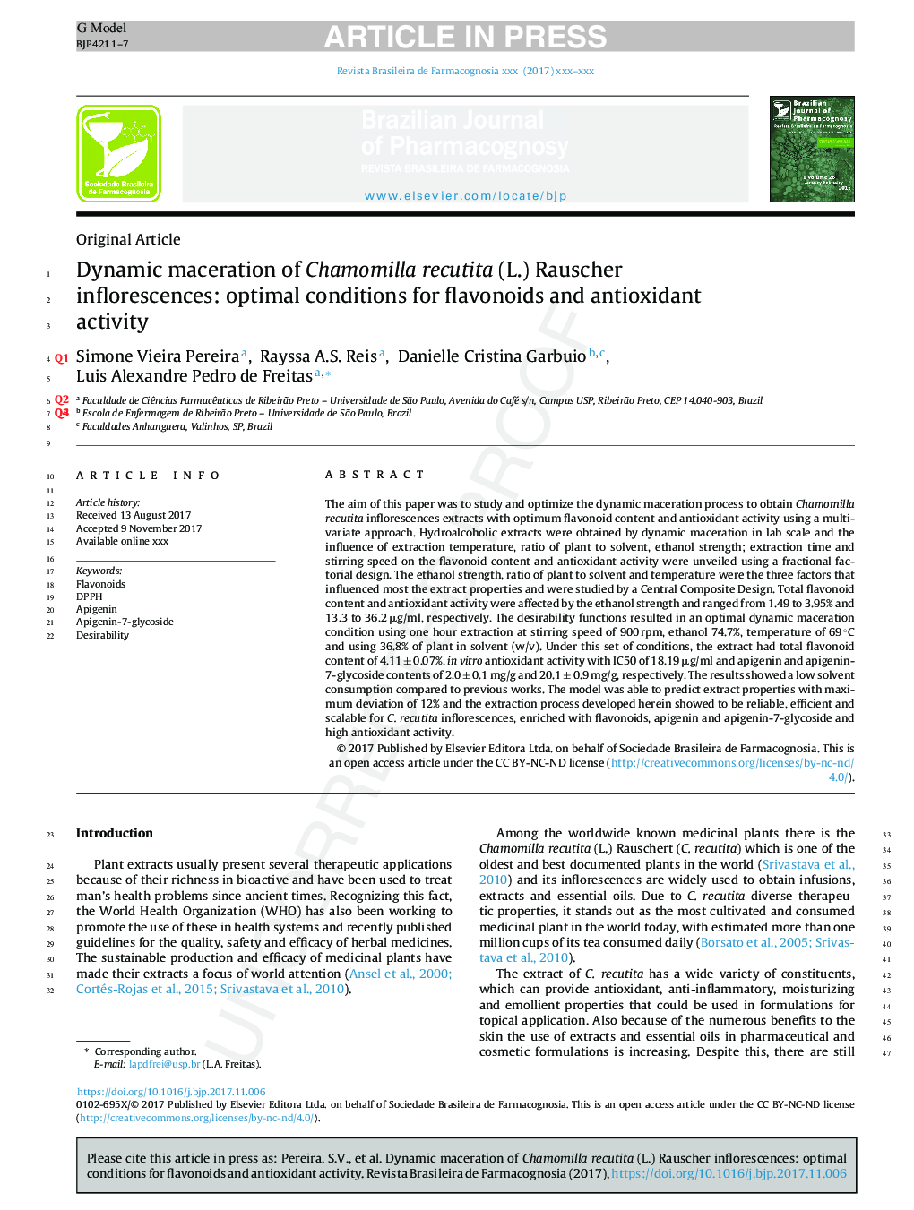 Dynamic maceration of Matricaria chamomilla inflorescences: optimal conditions for flavonoids and antioxidant activity