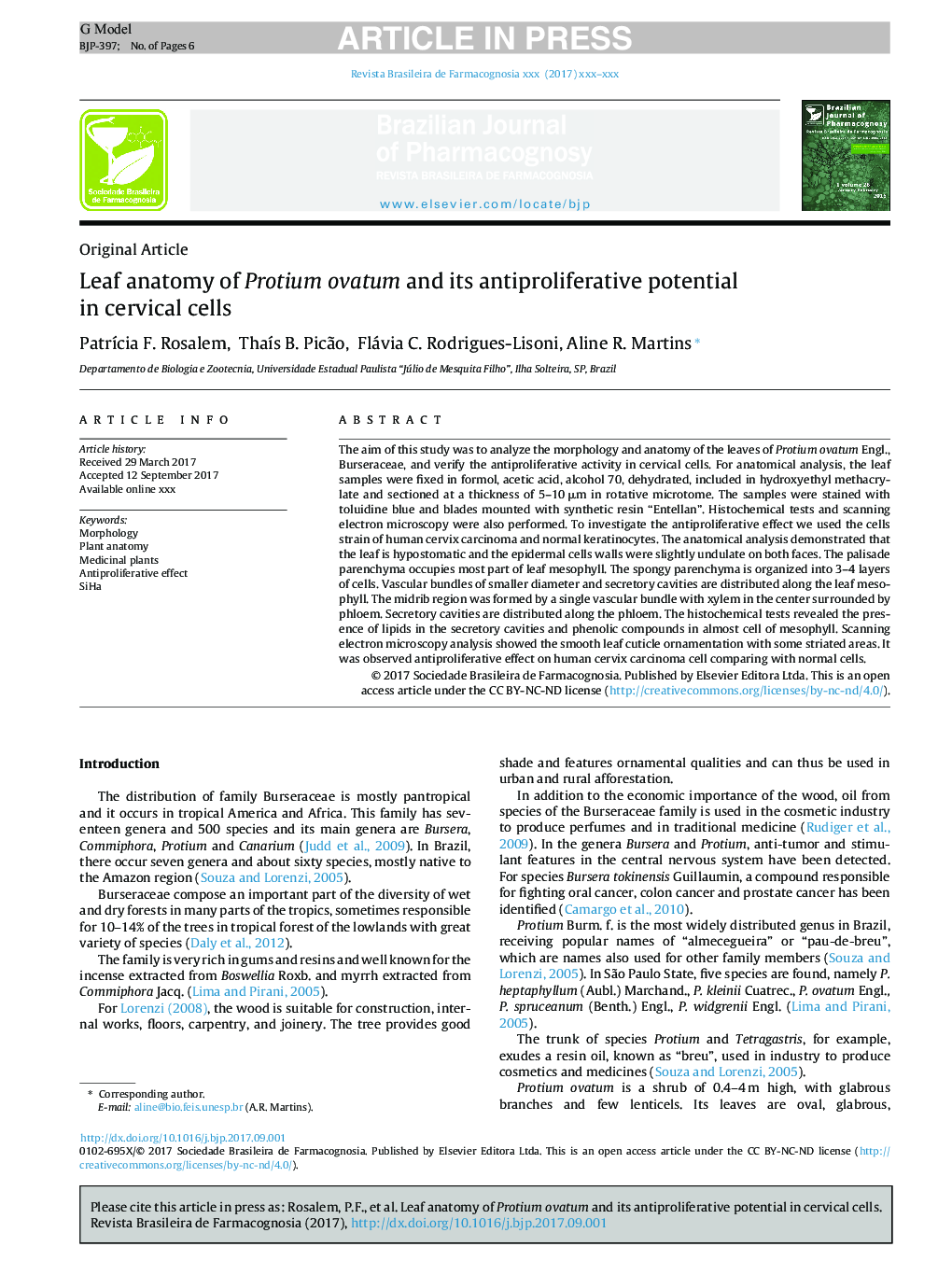 Leaf anatomy of Protium ovatum and its antiproliferative potential in cervical cells