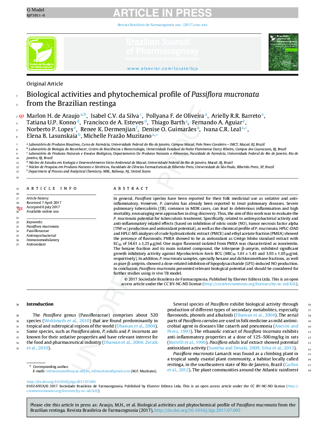 Biological activities and phytochemical profile of Passiflora mucronata from the Brazilian restinga