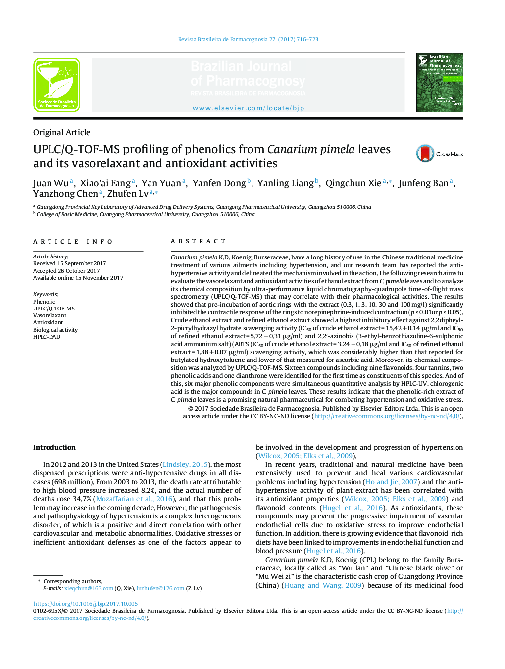 UPLC/Q-TOF-MS profiling of phenolics from Canarium pimela leaves and its vasorelaxant and antioxidant activities