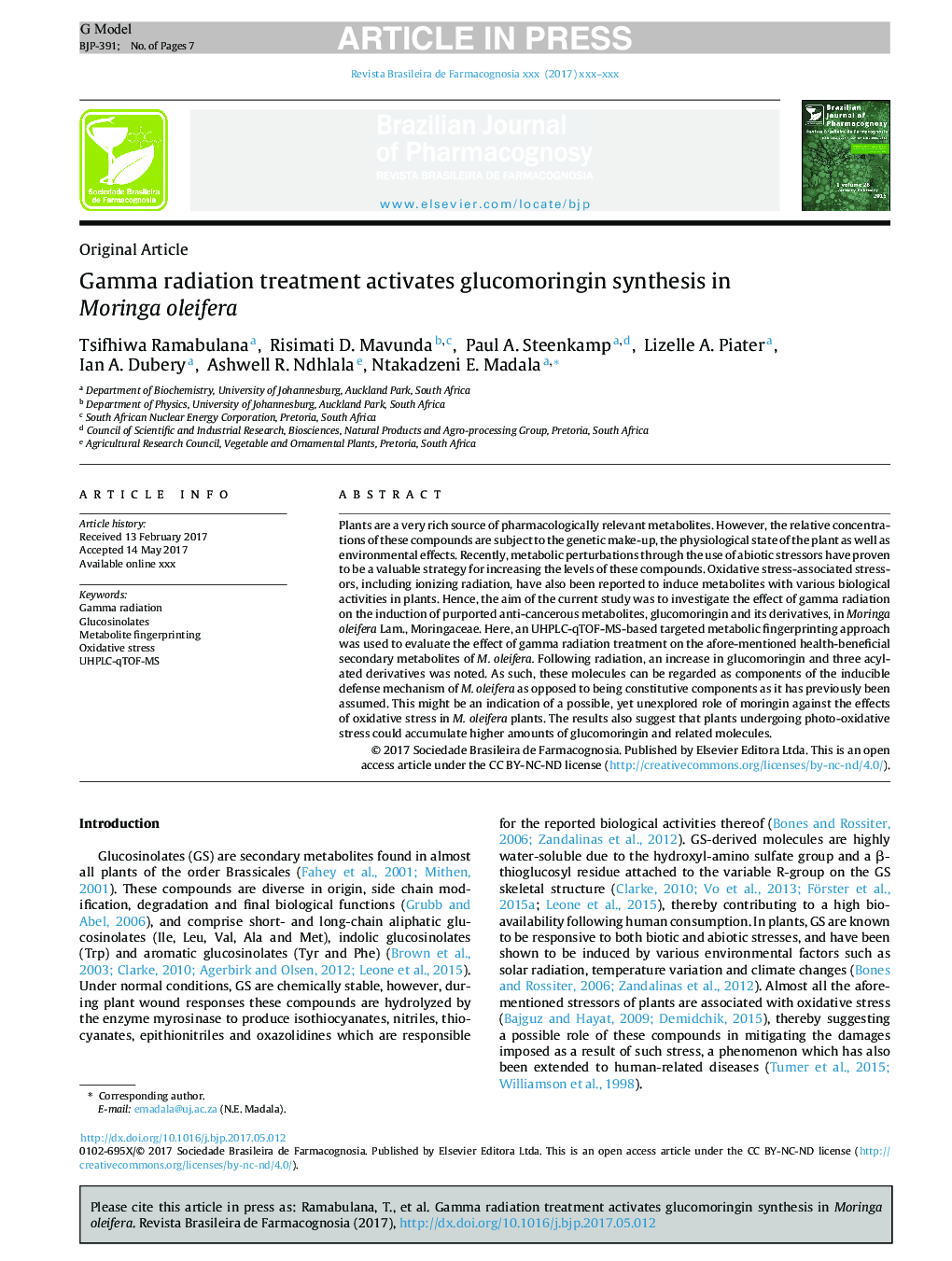 Gamma radiation treatment activates glucomoringin synthesis in Moringa oleifera