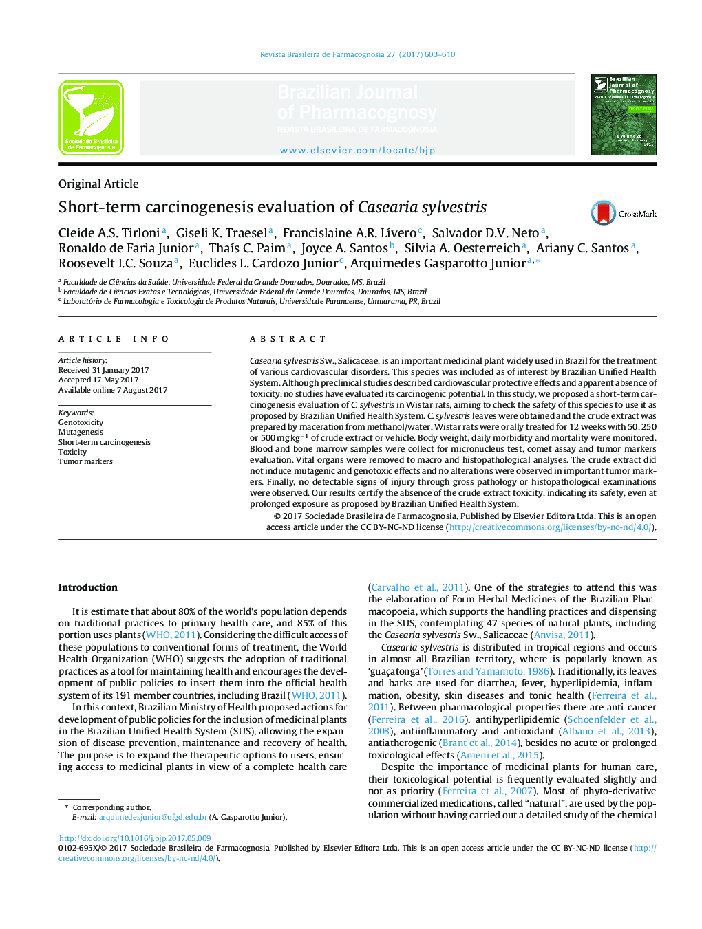 Short-term carcinogenesis evaluation of Casearia sylvestris