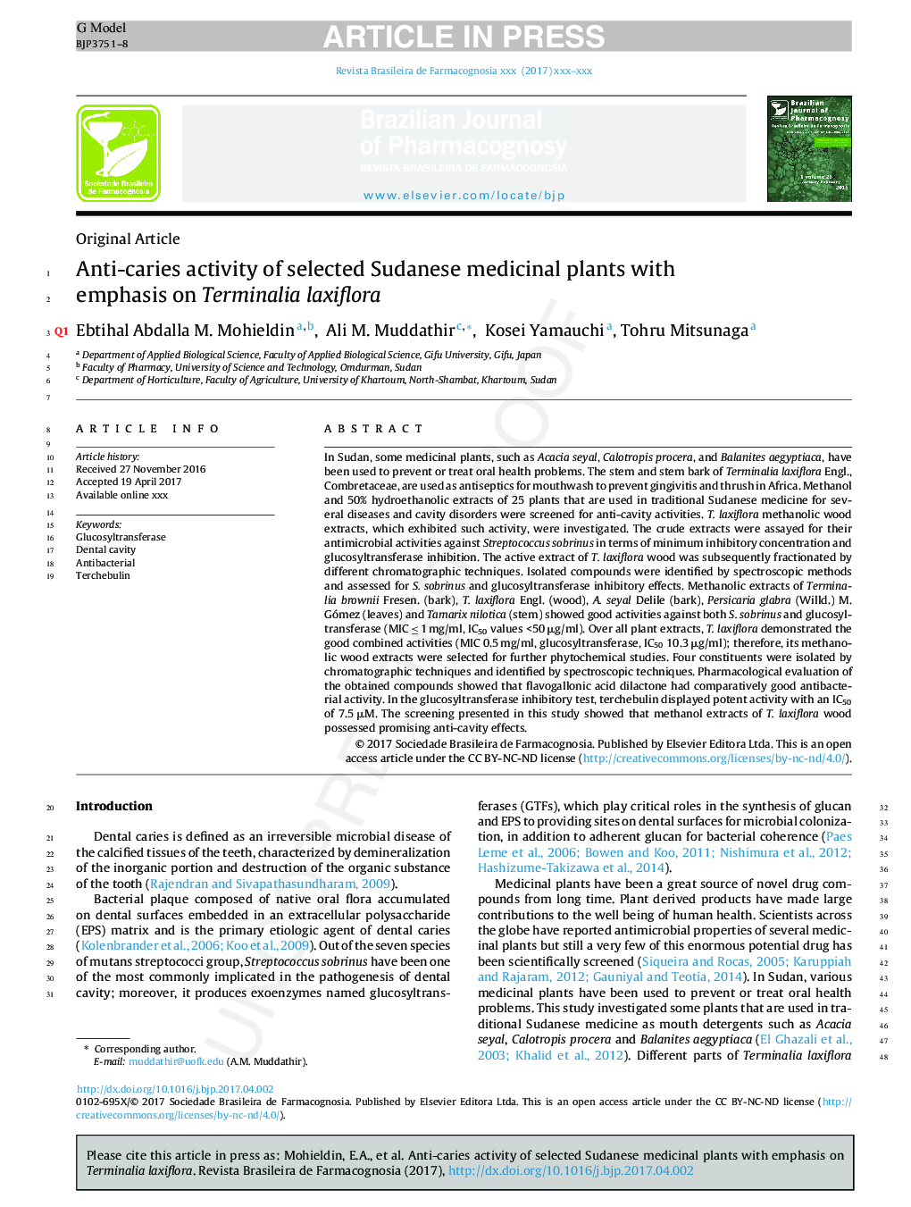 Anti-caries activity of selected Sudanese medicinal plants with emphasis on Terminalia laxiflora