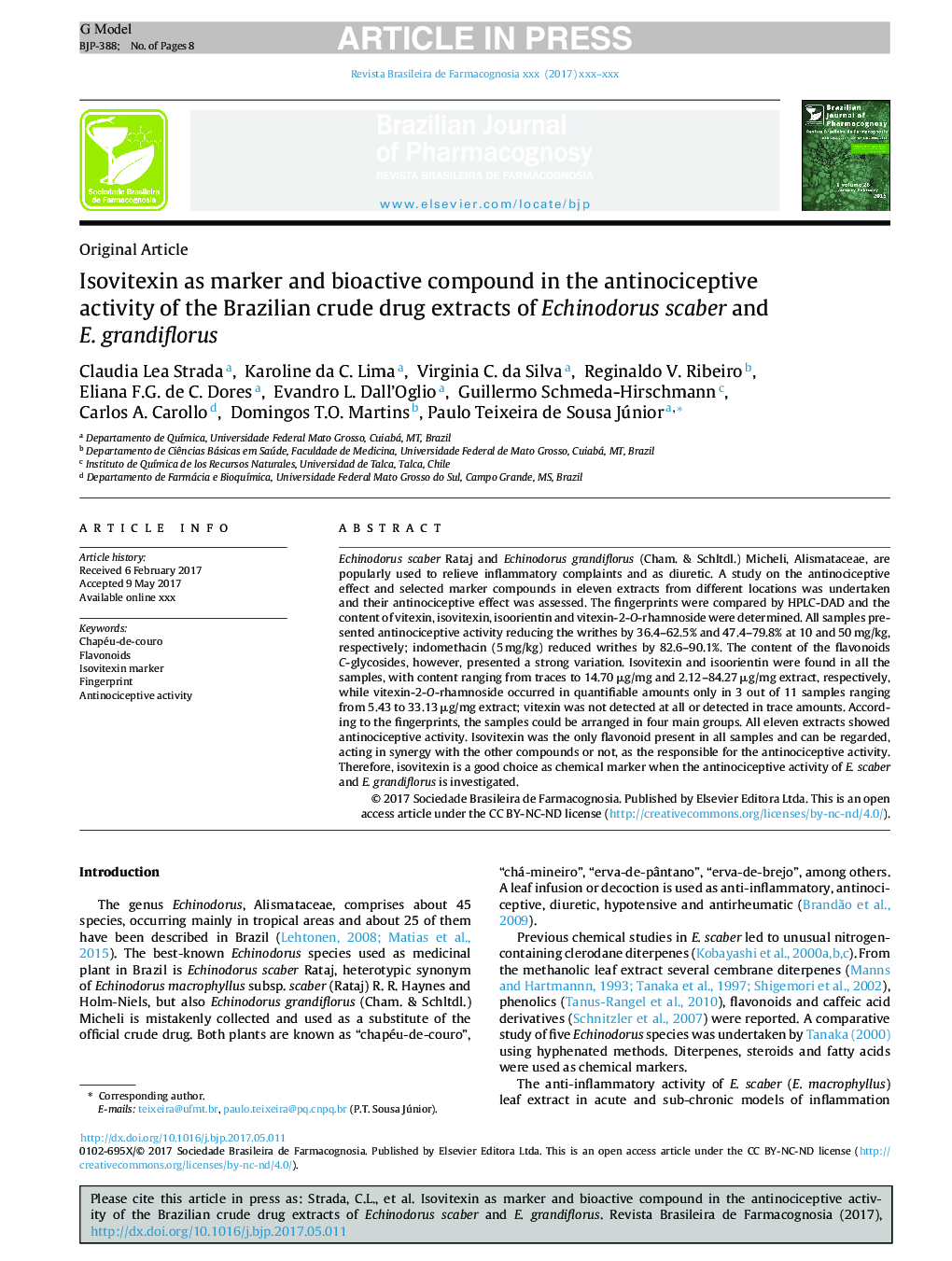 Isovitexin as marker and bioactive compound in the antinociceptive activity of the Brazilian crude drug extracts of Echinodorus scaber and E. grandiflorus