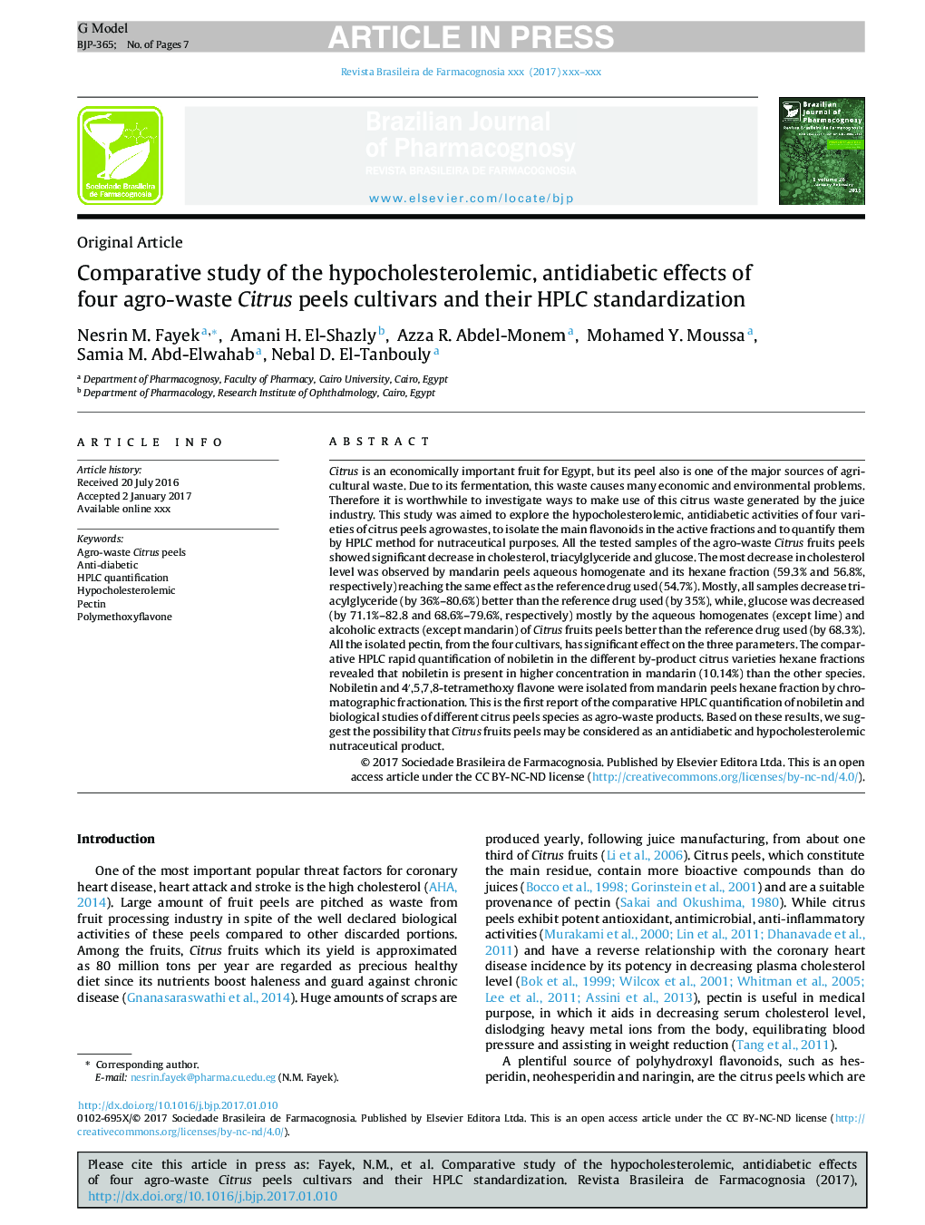 Comparative study of the hypocholesterolemic, antidiabetic effects of four agro-waste Citrus peels cultivars and their HPLC standardization