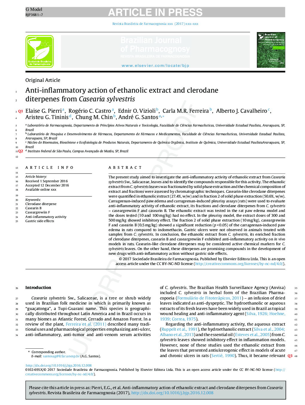 Anti-inflammatory action of ethanolic extract and clerodane diterpenes from Casearia sylvestris