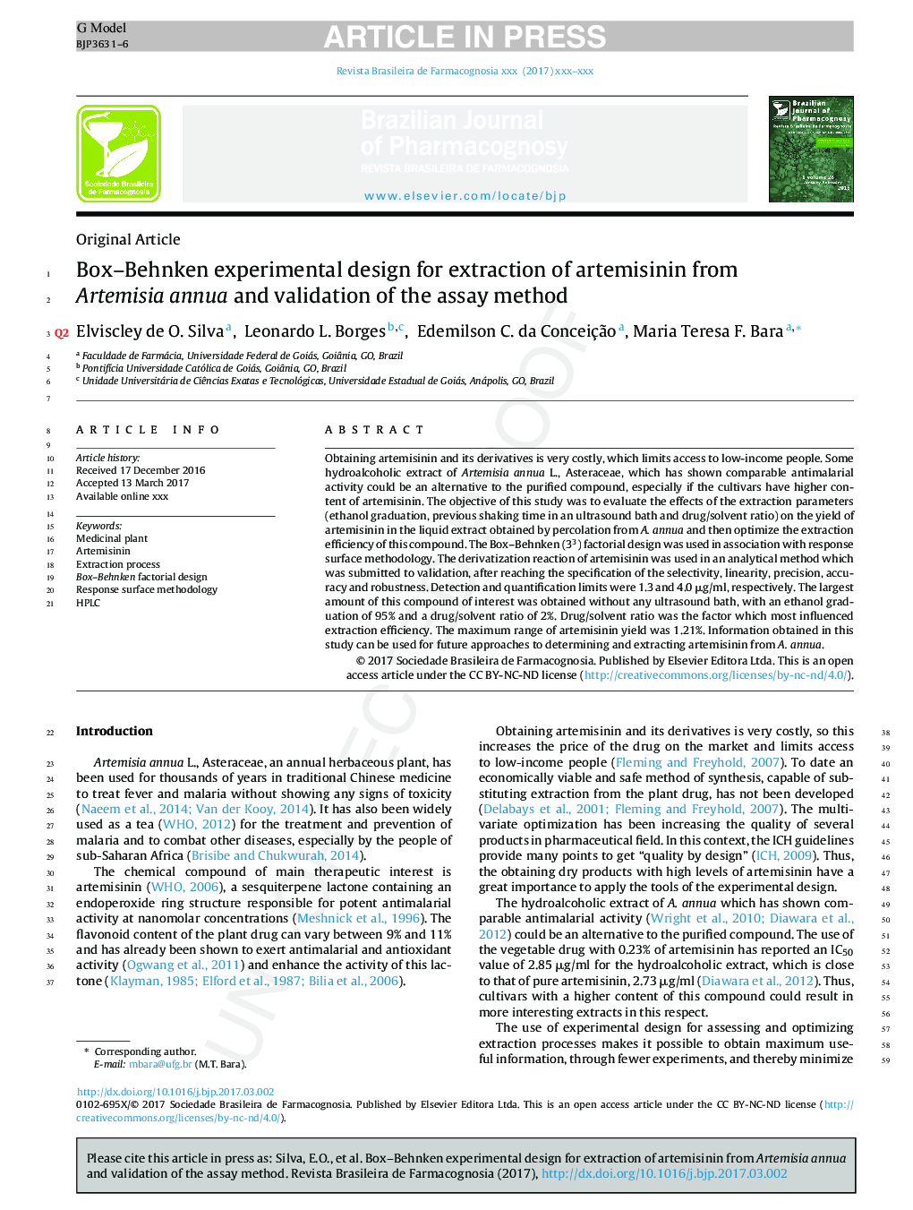 Box-Behnken experimental design for extraction of artemisinin from Artemisia annua and validation of the assay method