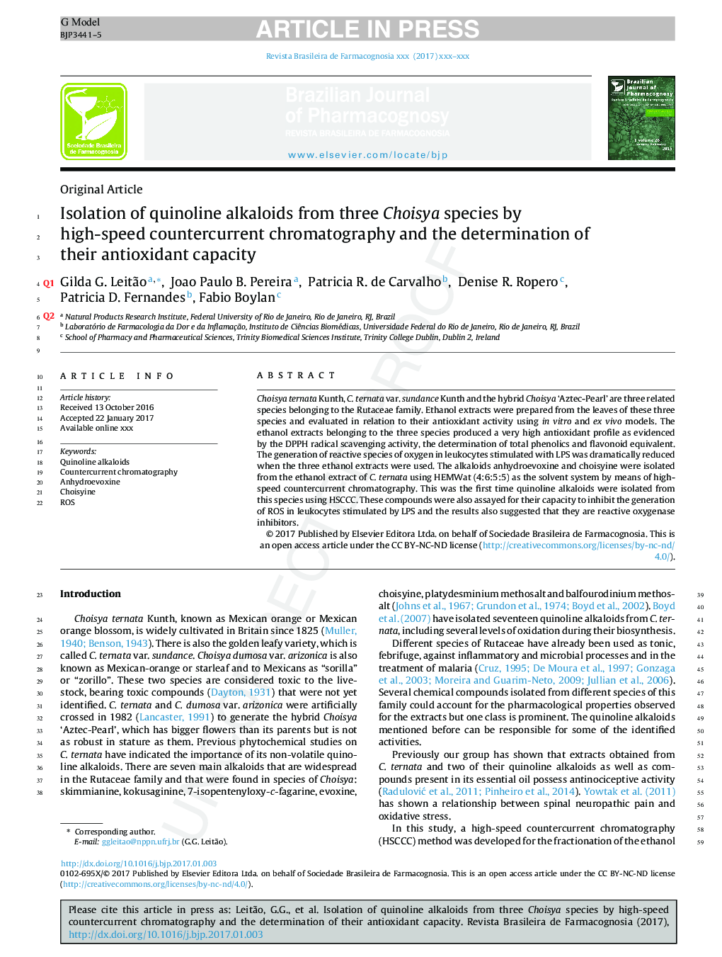 Isolation of quinoline alkaloids from three Choisya species by high-speed countercurrent chromatography and the determination of their antioxidant capacity