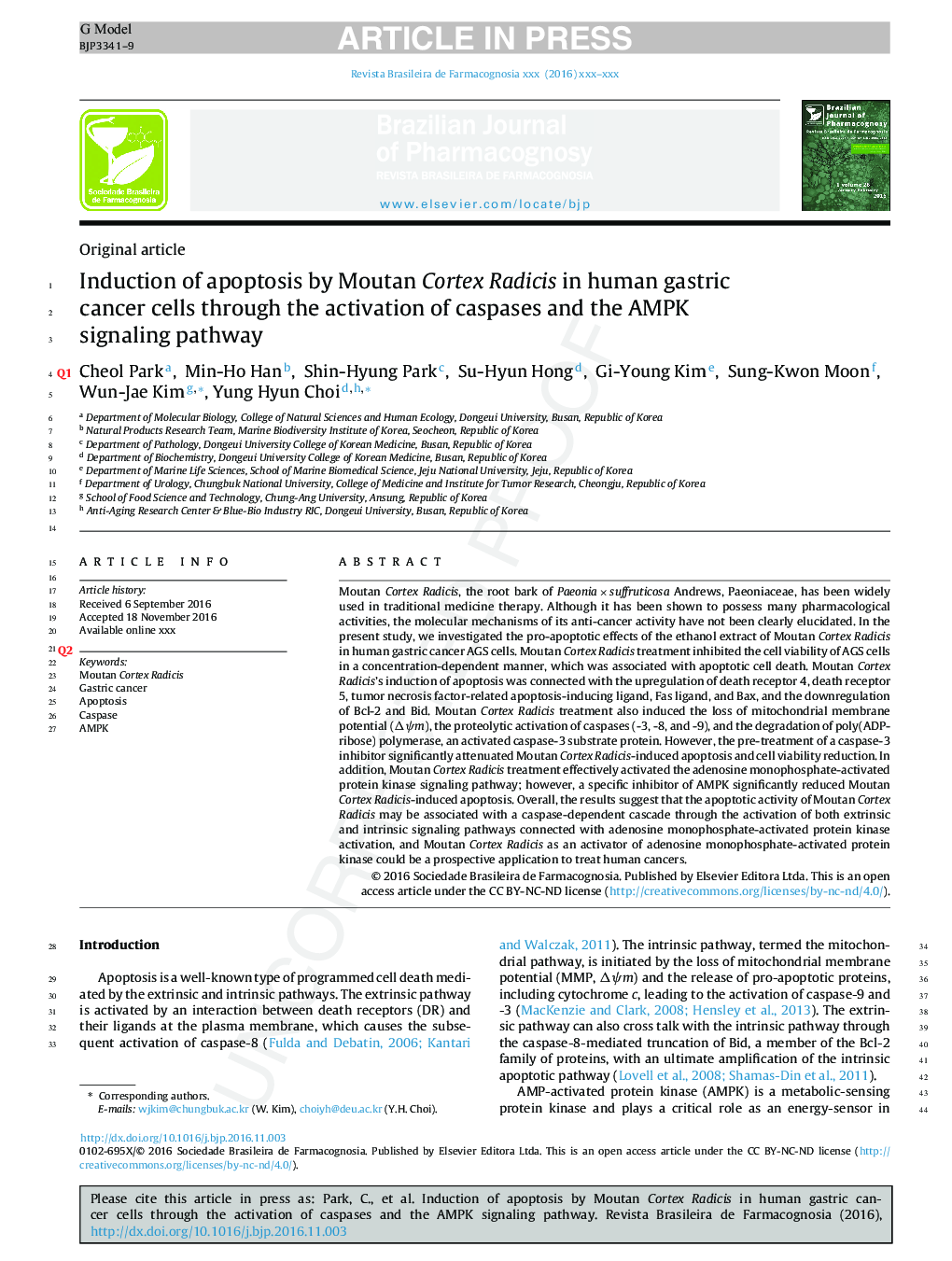 Induction of apoptosis by Moutan Cortex Radicis in human gastric cancer cells through the activation of caspases and the AMPK signaling pathway