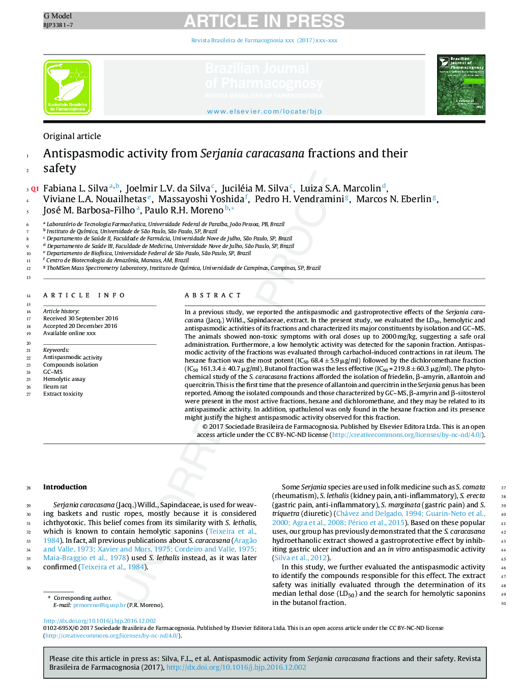 Antispasmodic activity from Serjania caracasana fractions and their safety