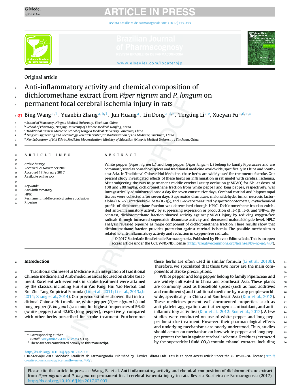 Anti-inflammatory activity and chemical composition of dichloromethane extract from Piper nigrum and P. longum on permanent focal cerebral ischemia injury in rats