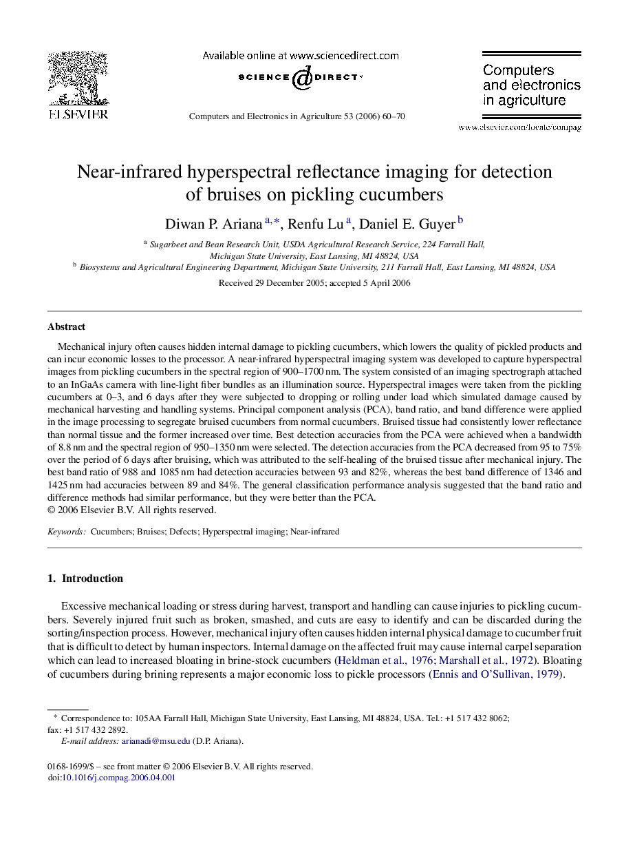 Near-infrared hyperspectral reflectance imaging for detection of bruises on pickling cucumbers