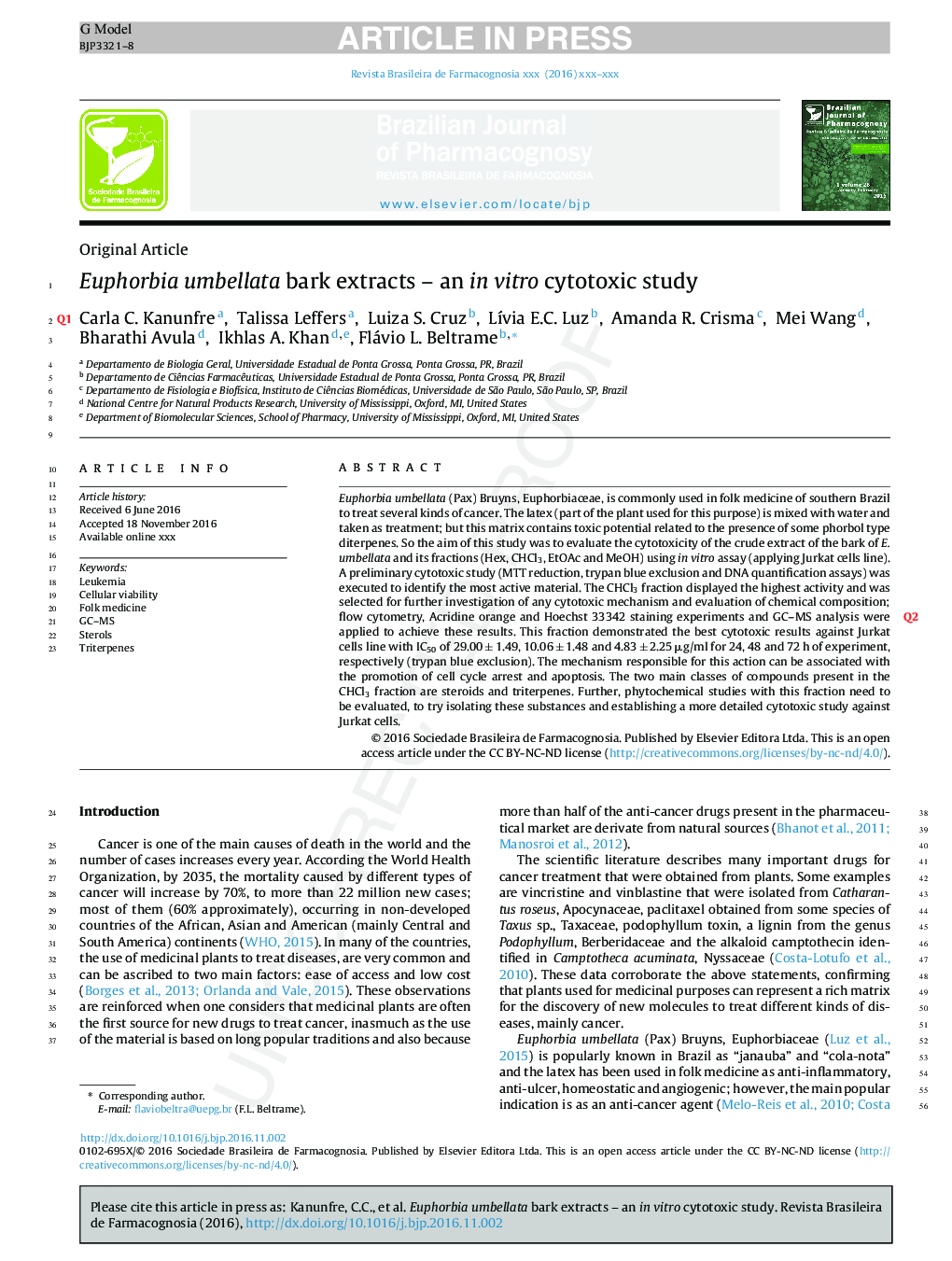 Euphorbia umbellata bark extracts - an in vitro cytotoxic study